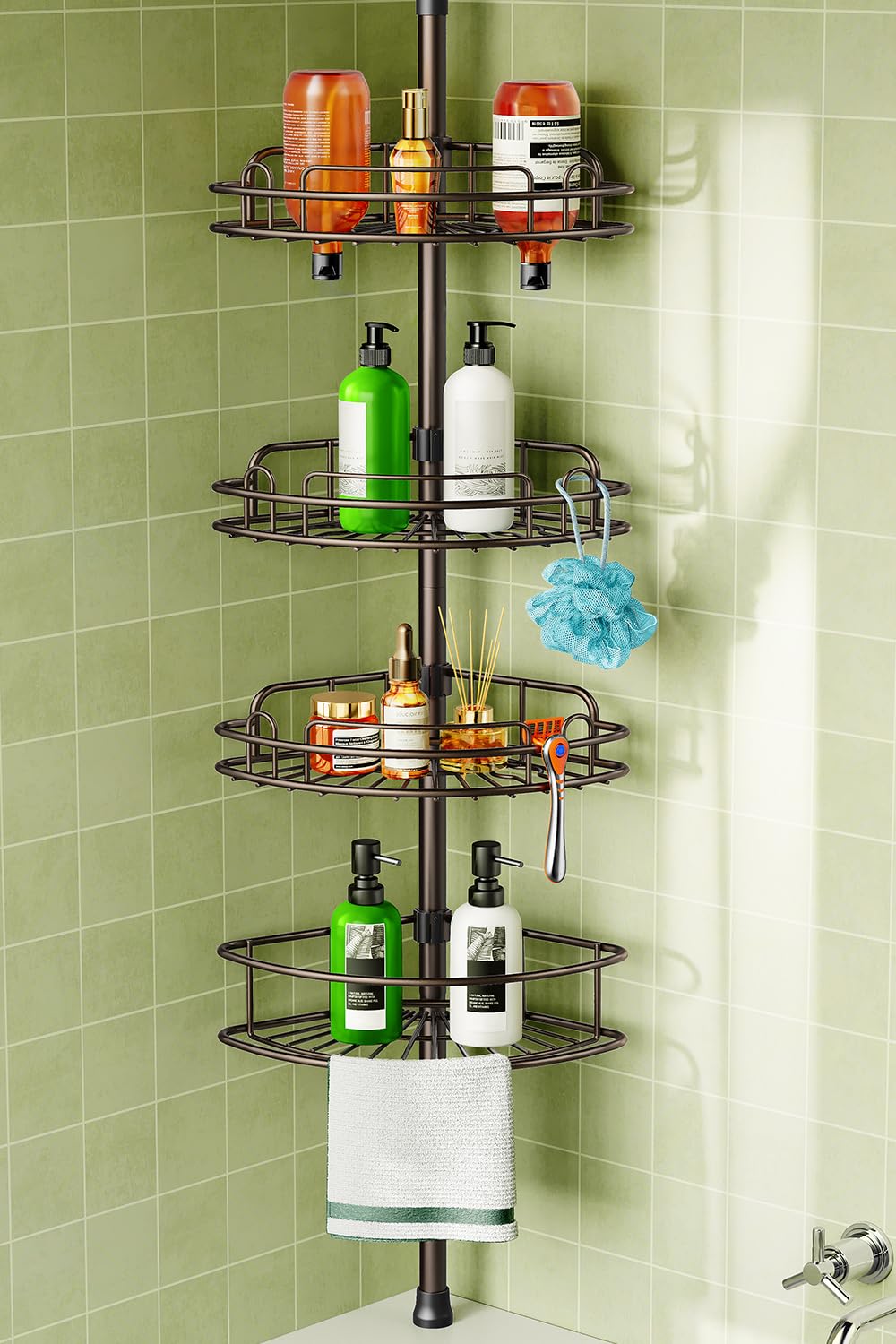 HAMITOR Telescopic Shower Caddy Corner Storage: No-Drill Stainless Steel Bathroom Shelves Organizer, 119-307 cm Large Capacity 4 Tier Adjustable Shelf Tension Pole for Home Renters Apartment - Black