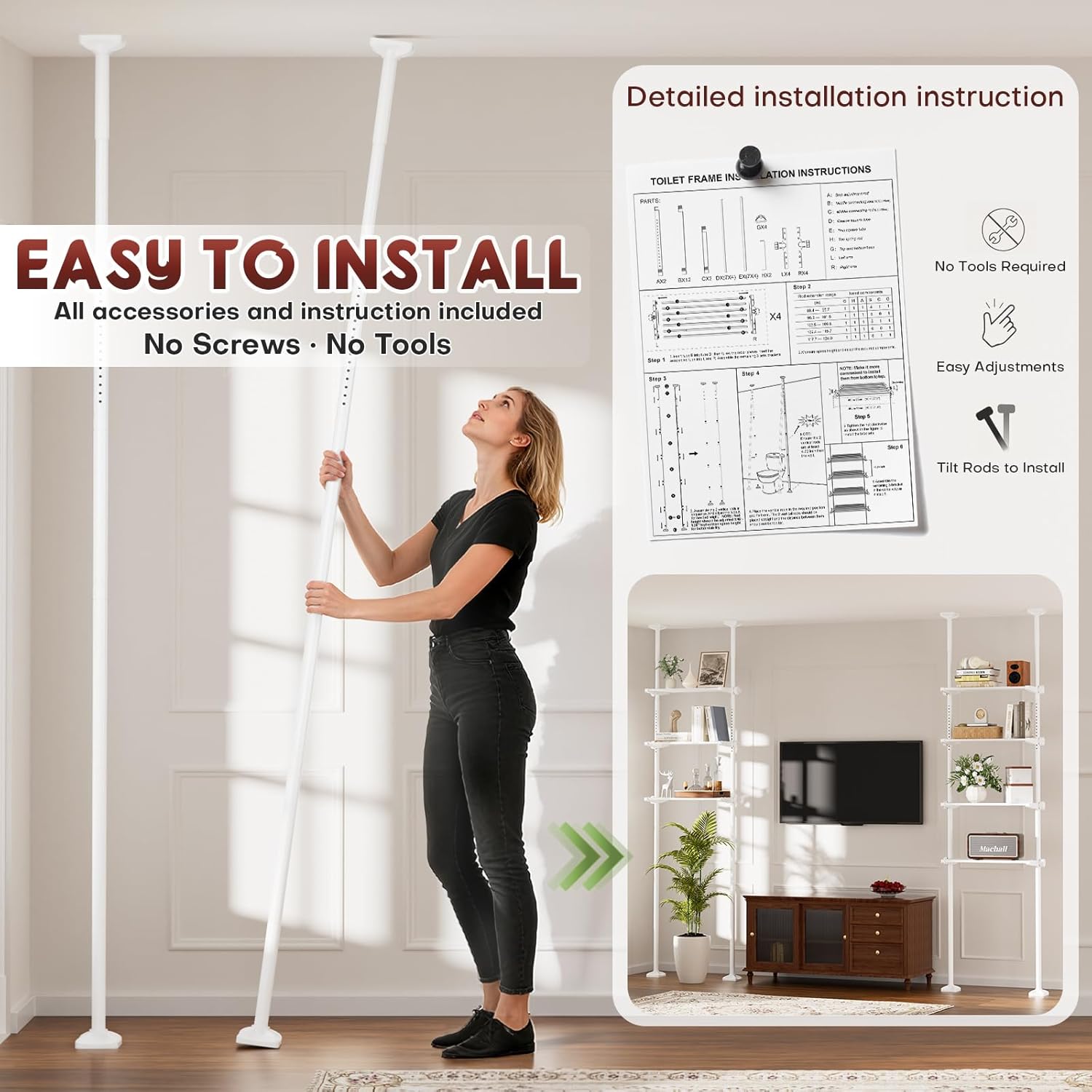 Yeabett Over Toilet Shelving Unit, Height 163–315 cm, Width 39–69 cm, Over Washing Machine Cabinet, Versatile Bathroom Organiser for Bathroom, Kitchen, Living Room, Utility Room, 4-Tier, White