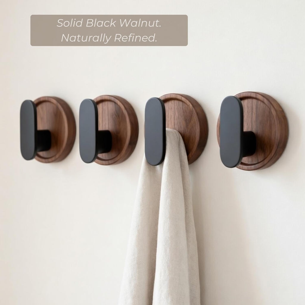 Jugen Coat Hooks – Solid Black Walnut Self Adhesive Wooden Hooks, No Drill Stick On Hooks for Coats, Clothes, Bags & Towels – Set of 4