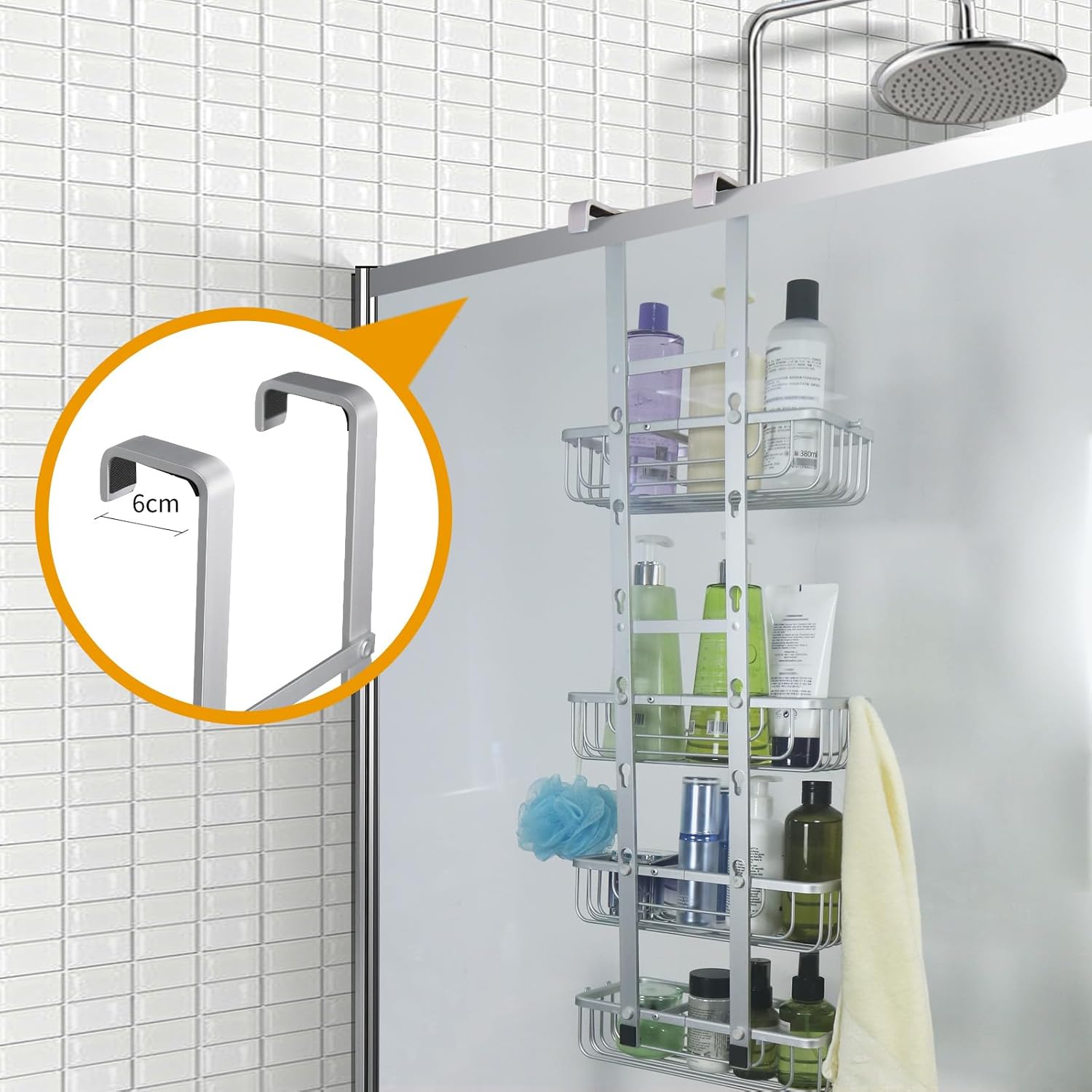 Duwee Hanging Shower Caddy 4 Tier, RustProof Aluminium Shower Caddies, Over Door Bathroom Caddy, No Drilled Storage Basket Organizer for Shampoo, Conditioner, Body Wash, Silver