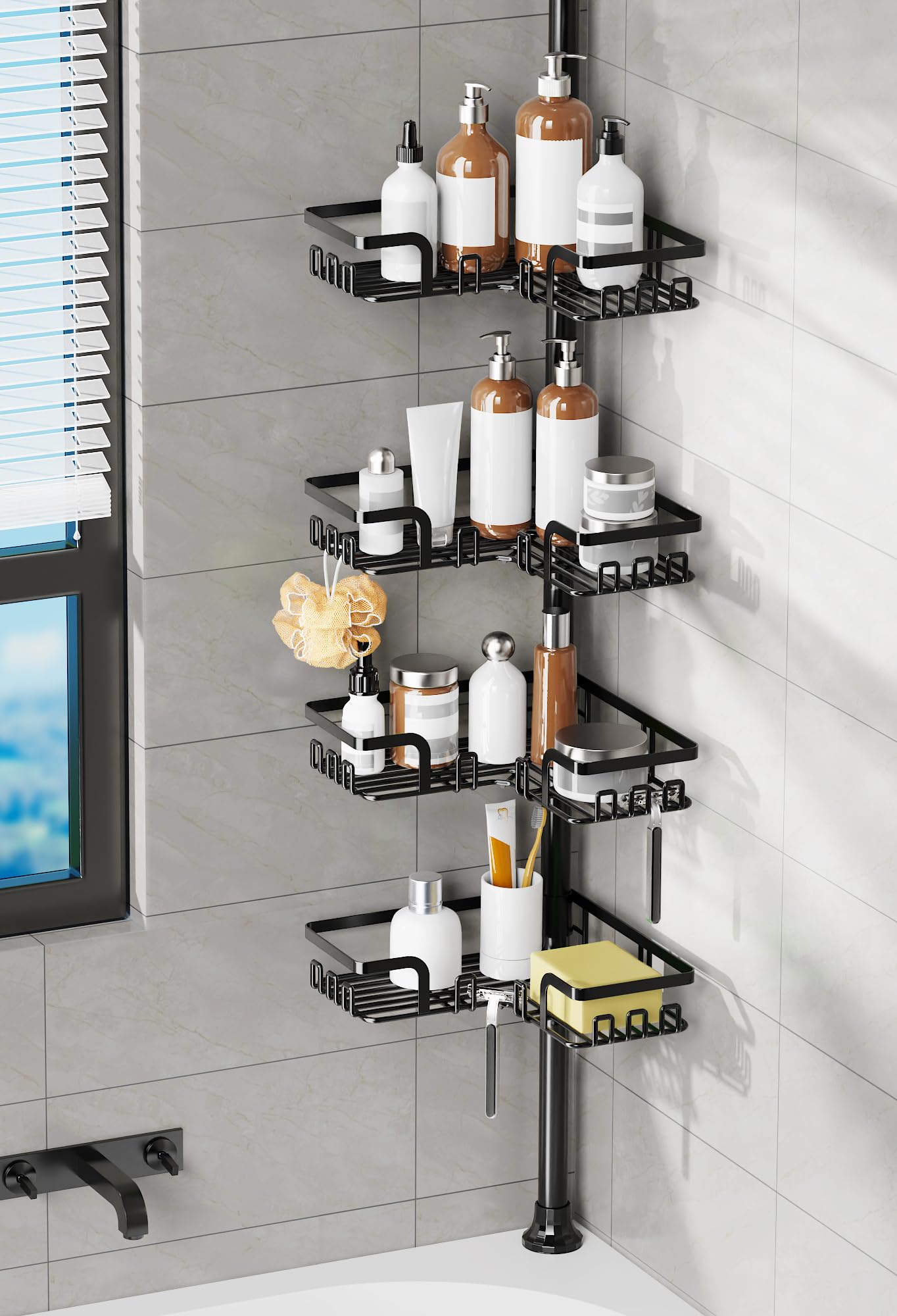 KEGII Telescopic Shower Caddy Corner - Silver Shower Shelf No Drilling Standing Bathroom Organiser Stainless Steel Bathroom Shelf with Hooks
