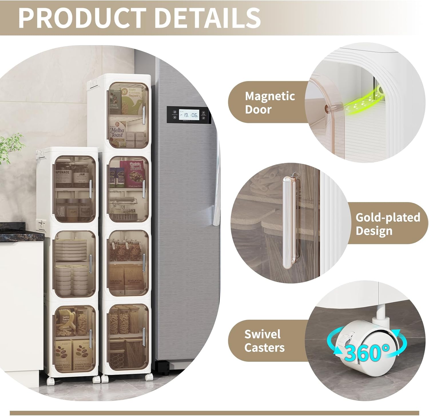 4-Tiers Slim Bathroom Storage Cabinet, Foldable Storage Cabinets,Narrow Bathroom Storage,Movable Bathroom Storage Organizer for Small Spaces,Bathroom,Kitchen,Laundry,White