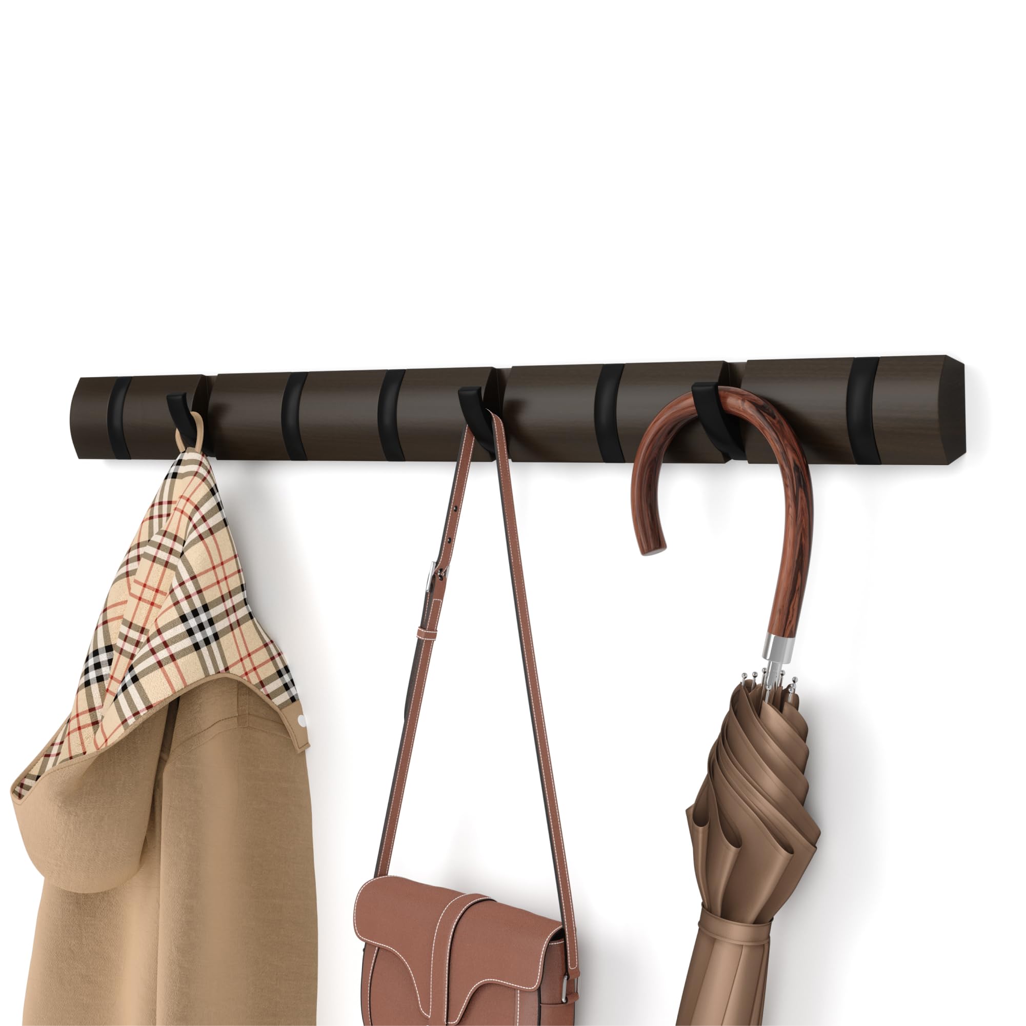 Umbra Flip Wall-Mounted Coat Rack with 5 Hooks – Modern, Space-Saving Storage for Hats, Jackets, Bags, Entryway, Mudroom, Closet, Bathroom, Bedroom – Light Walnut/Gold