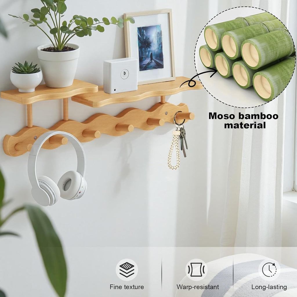 Bamboo Coat Rack with Shelf – 52 cm Wall-Mounted Double Layer Hooks, 6 Sturdy Wooden Hooks for Entryway, Hallway, Bathroom & Bedroom – Space-Saving Hanger for Coats, Hats, Bags & Towels (Primary)