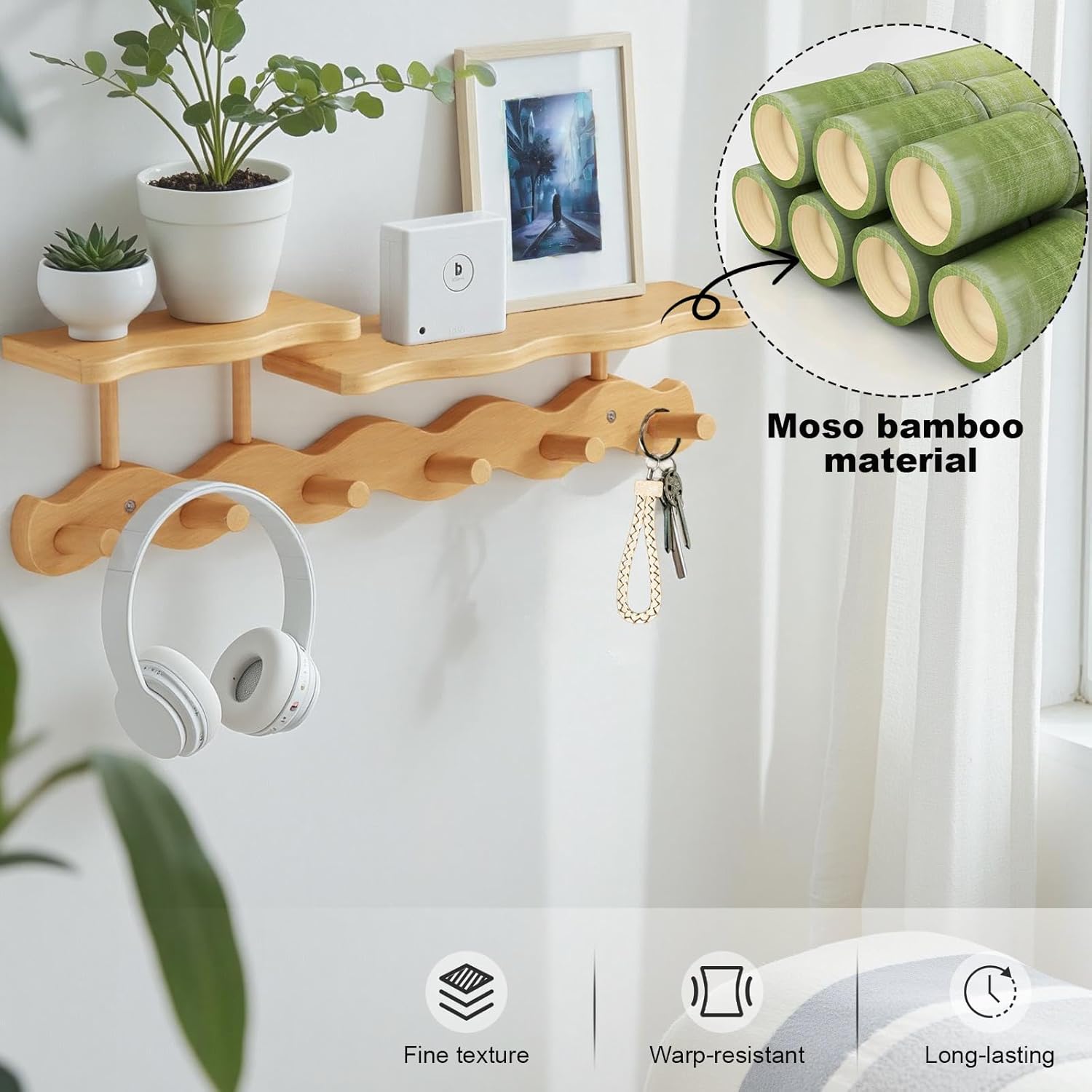 Bamboo Coat Rack with Shelf – 52 cm Wall-Mounted Double Layer Hooks, 6 Sturdy Wooden Hooks for Entryway, Hallway, Bathroom & Bedroom – Space-Saving Hanger for Coats, Hats, Bags & Towels (Primary)