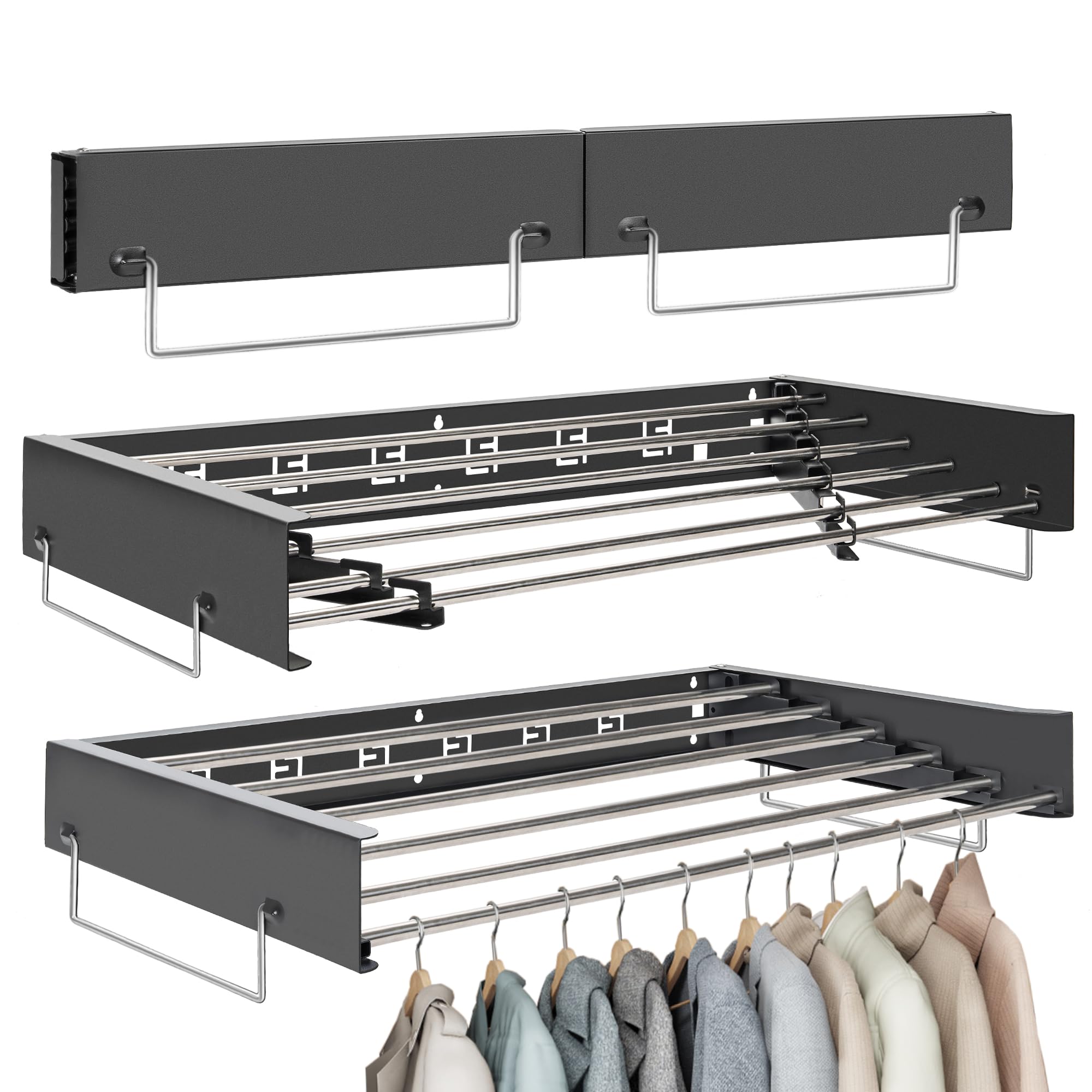 Wall Mounted Clothes Drying Rack | Retractable Laundry Clothes Airer | Foldable Laundry Drying Rack with 100cm Rods *6 Hanging Lines | Collapsible Clothes Dryer for Indoor Outdoor Bathroom (White)