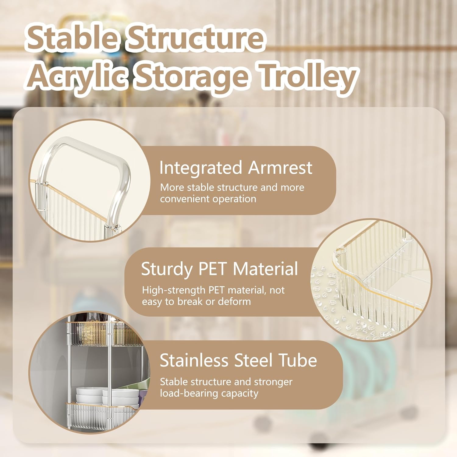 Storage Trolley on Wheels, Acrylic Beauty Trolleys Makeup Organizers Rolling Utility Cart For Bathroom, Salon,Kitchen,Gold,4Tier