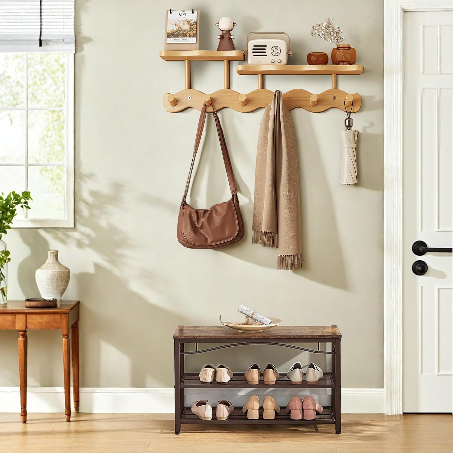 Bamboo Coat Rack with Shelf – 52 cm Wall-Mounted Double Layer Hooks, 6 Sturdy Wooden Hooks for Entryway, Hallway, Bathroom & Bedroom – Space-Saving Hanger for Coats, Hats, Bags & Towels (Primary)