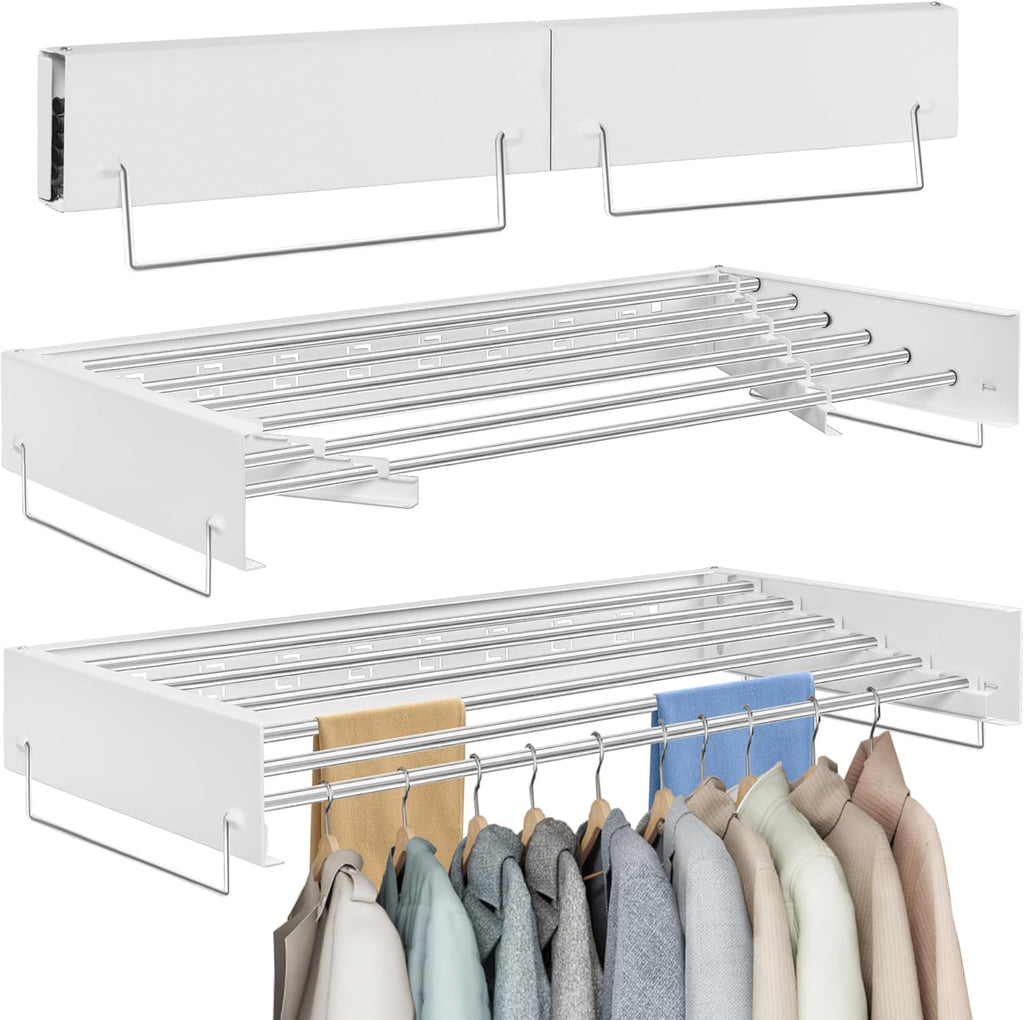 Wall Mounted Clothes Drying Rack | Retractable Laundry Clothes Airer | Foldable Laundry Drying Rack with 100cm Rods *6 Hanging Lines | Collapsible Clothes Dryer for Indoor Outdoor Bathroom (White)