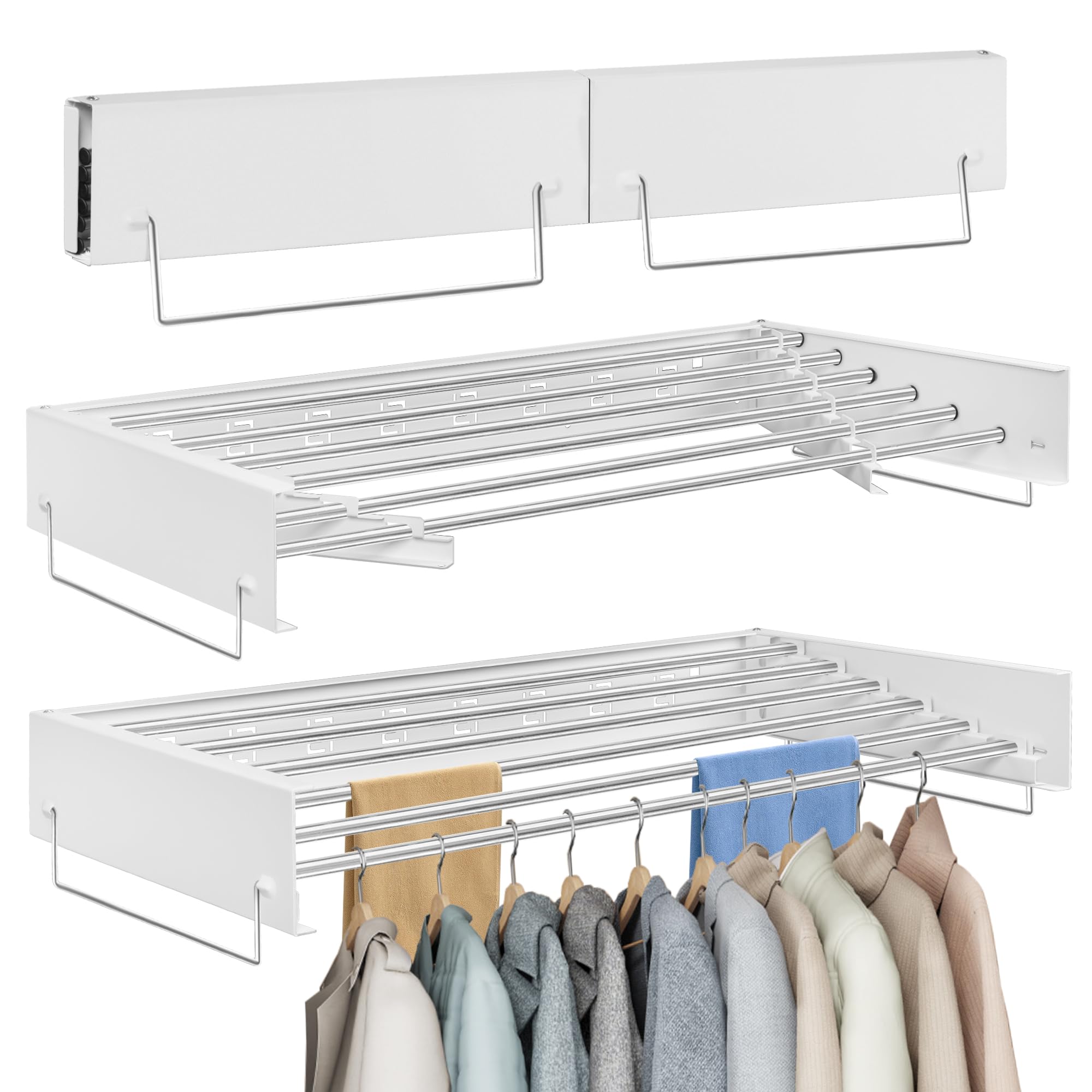 Wall Mounted Clothes Drying Rack | Retractable Laundry Clothes Airer | Foldable Laundry Drying Rack with 100cm Rods *6 Hanging Lines | Collapsible Clothes Dryer for Indoor Outdoor Bathroom (White)