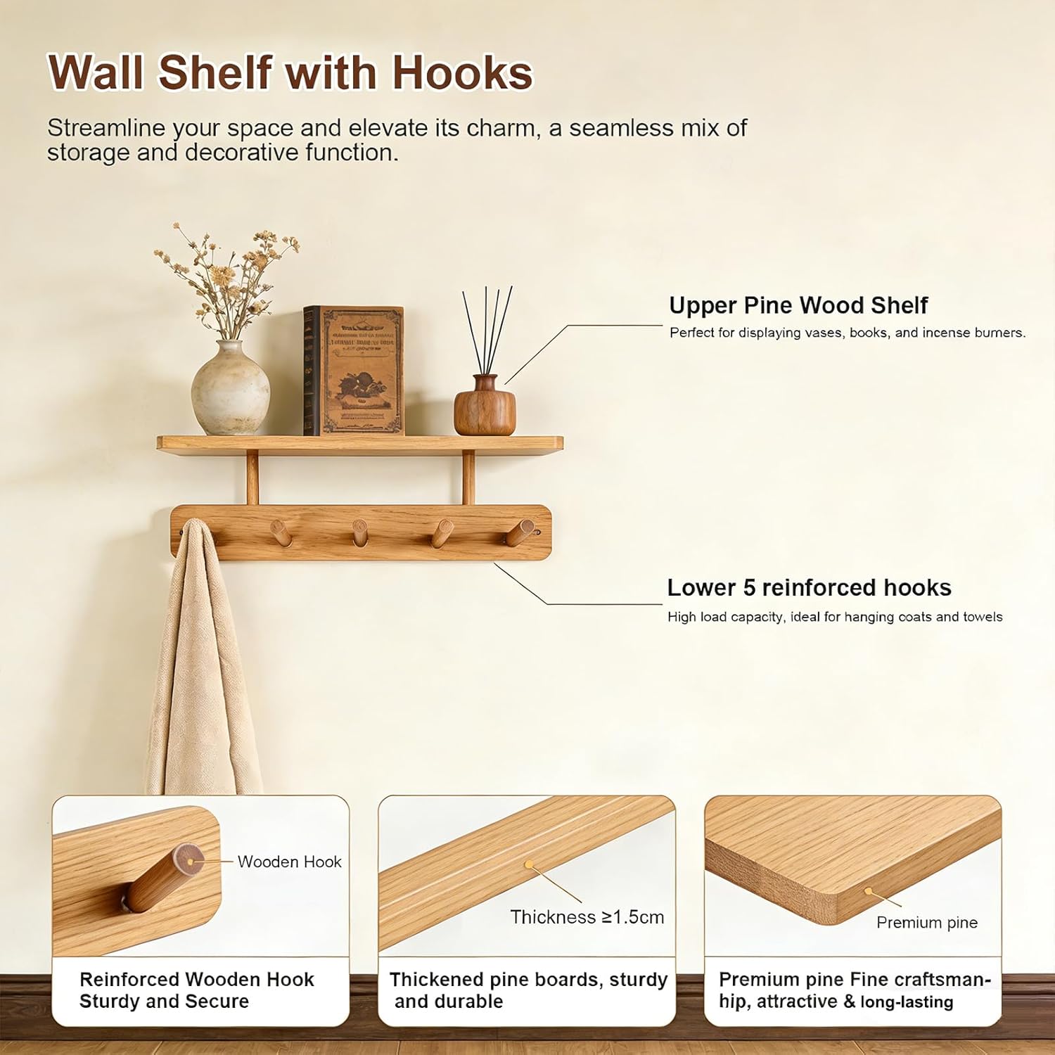 LEMIKKLE Wooden Coat Hooks Wall Mounted, Can be Installed Without Drilling or with Drilling, 5 Wooden Hooks Storage Rack Holds Clothes, Hats, Keys Towels, Bags, for Entryway, Bedroom, Living Room