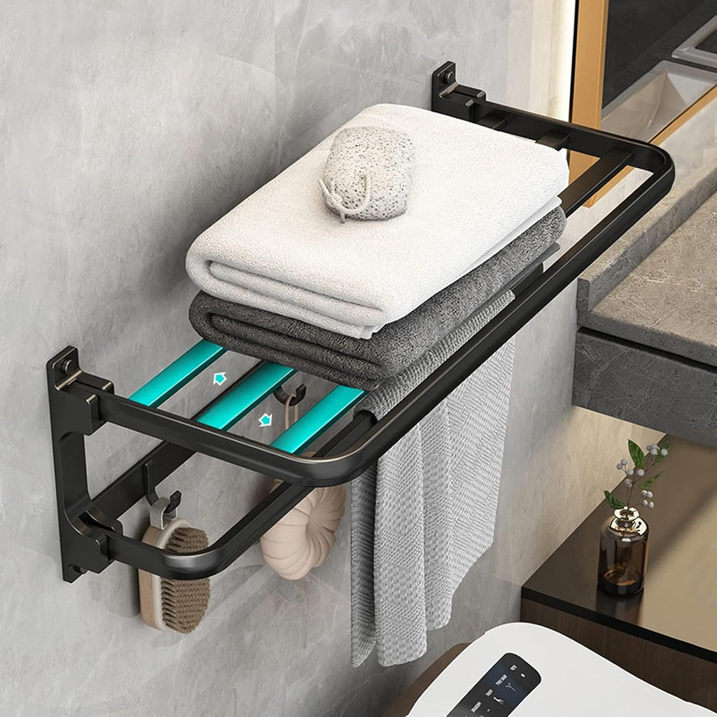 Towel Rack with Towel Bar Holder Towel Rail with 5 Hooks Foldable Towel Shelf Rustproof Towel Storage Wall Mount for Bathroom Lavatory Matte Black 58cm(23inch)