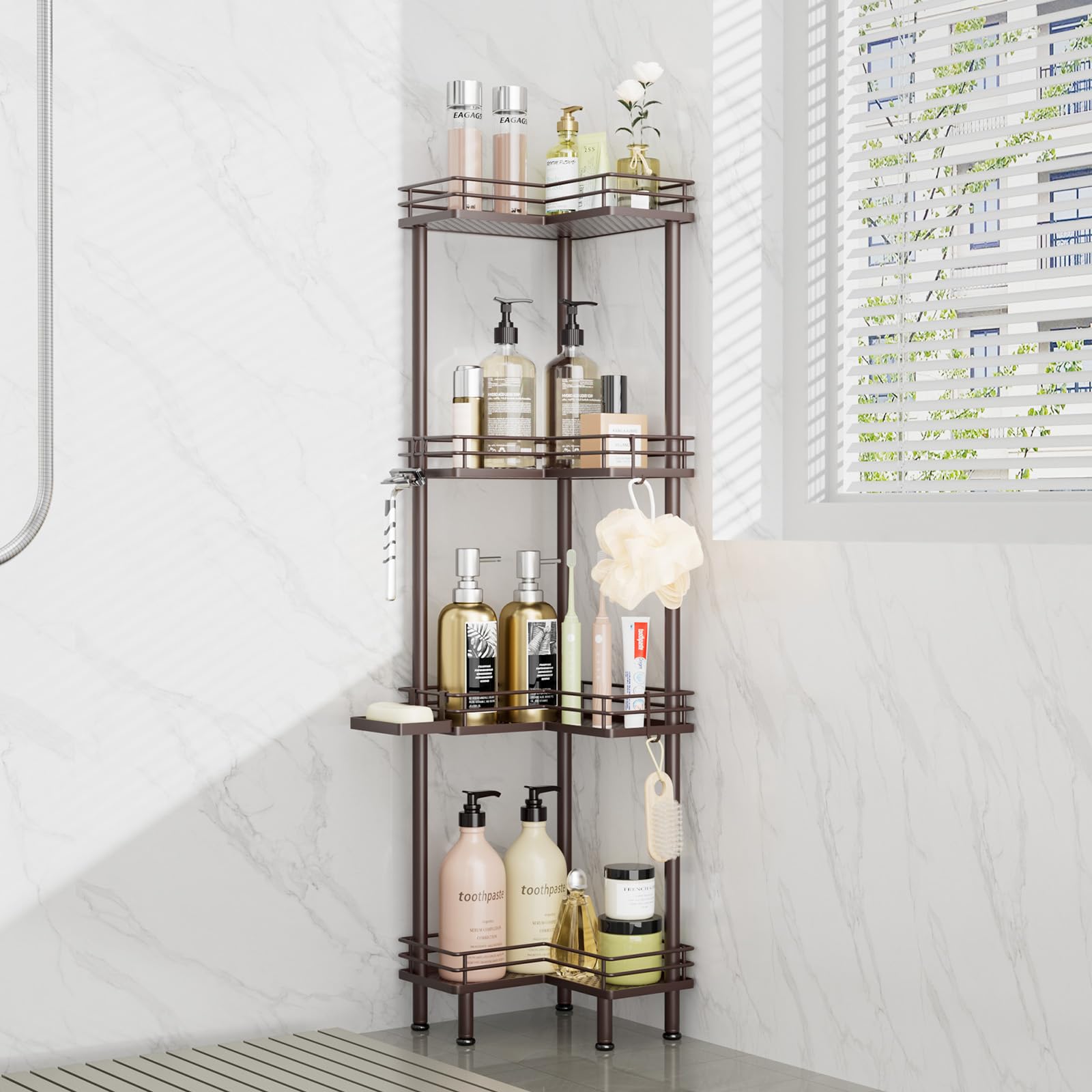 Consumest Corner Shower Caddy Standing - 3-Tier Stainless Steel Shower Organizer with Soap Holder and 4 Hooks, Large Capacity Corner Shelf Stand for Bathroom, Rest Room, Silver