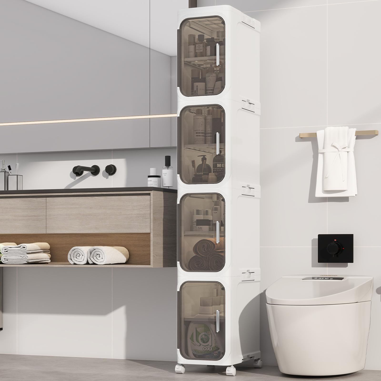 4-Tiers Slim Bathroom Storage Cabinet, Foldable Storage Cabinets,Narrow Bathroom Storage,Movable Bathroom Storage Organizer for Small Spaces,Bathroom,Kitchen,Laundry,White
