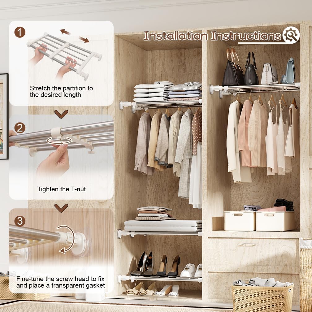 Hershii Adjustable Wardrobe Tension Shelf Divider Heavy Duty Expandable Clothes Hanging Rail Extra Long Cupboard Closet Organizer Garment Storage Rack for Bathroom, Kitchen, Plant Stand, Bookshelf