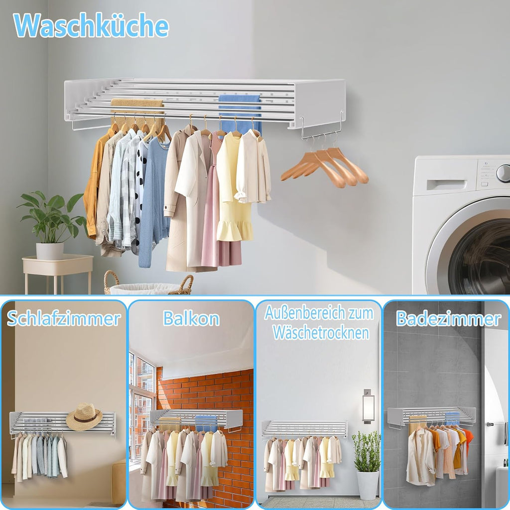 Wall Mounted Clothes Drying Rack | Retractable Laundry Clothes Airer | Foldable Laundry Drying Rack with 100cm Rods *6 Hanging Lines | Collapsible Clothes Dryer for Indoor Outdoor Bathroom (White)