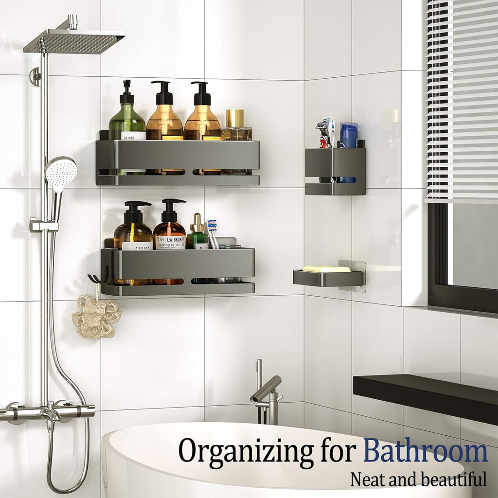 5-Piece Grey No-Drill Wall Mount Bathroom Storage Rack with Soap Dish & Toothbrush Holder, Multi-use for Kitchen