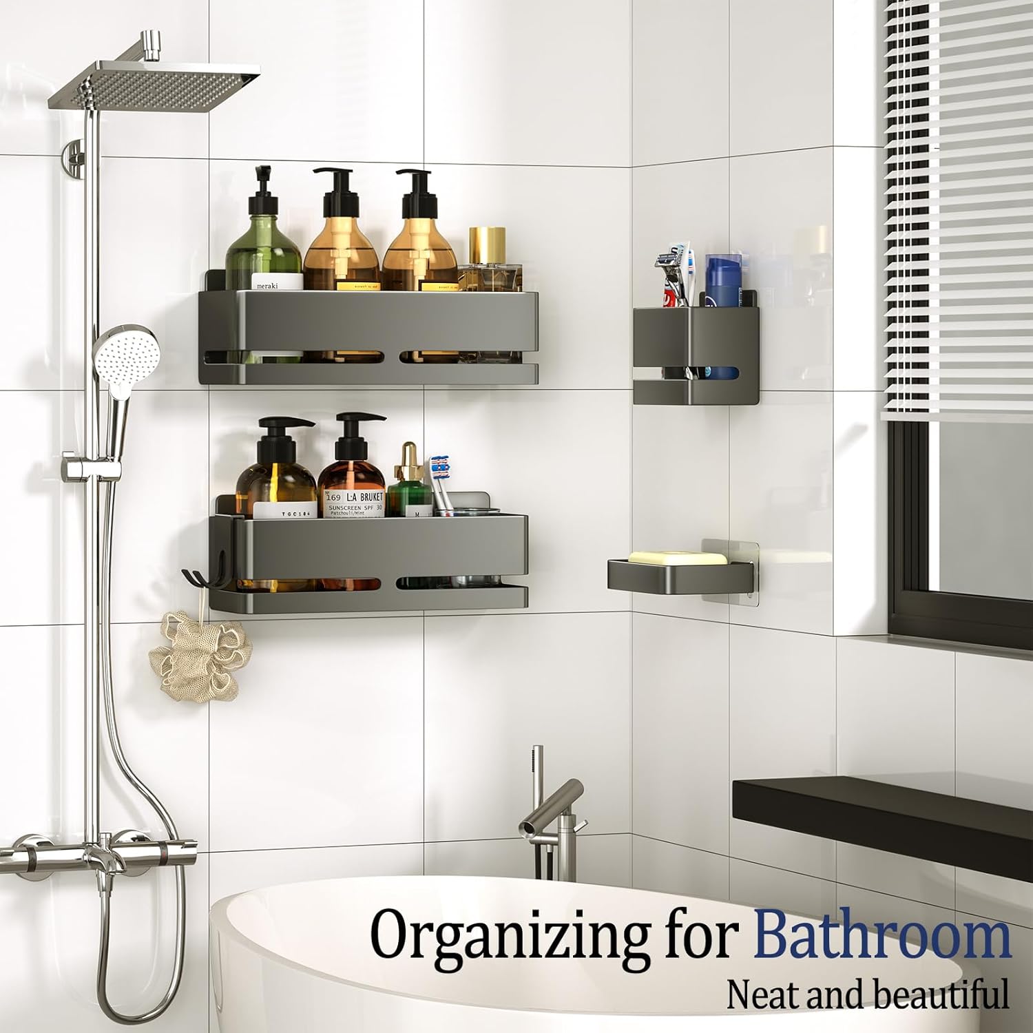 5-Piece Grey No-Drill Wall Mount Bathroom Storage Rack with Soap Dish & Toothbrush Holder, Multi-use for Kitchen