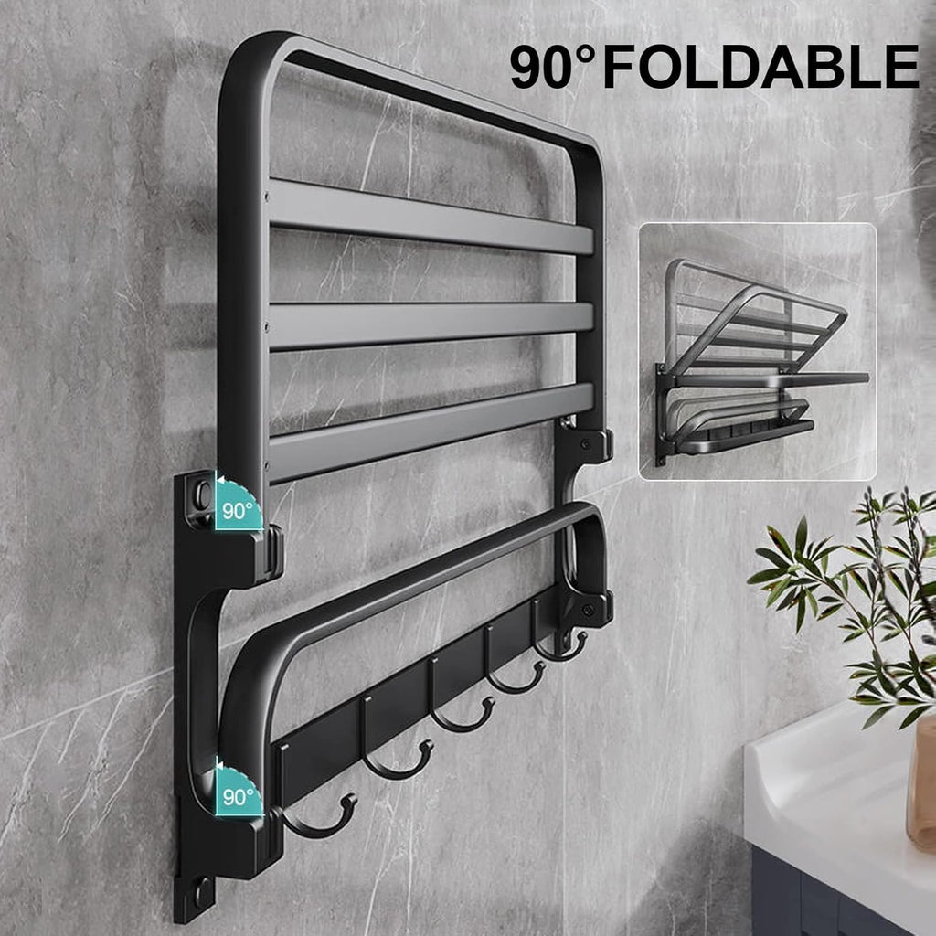 Towel Rack with Towel Bar Holder Towel Rail with 5 Hooks Foldable Towel Shelf Rustproof Towel Storage Wall Mount for Bathroom Lavatory Matte Black 58cm(23inch)