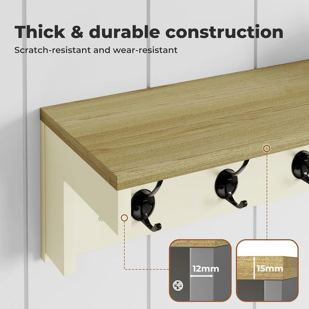 Levede Wall Mounted Coat Rack with Shelf, 7 Double Coat Hooks, 80cm Hallway Coat Hooks Wall Mounted, Coat Rack with Shelf for Entryway, Hallway, Bedroom, Cream Color & Oak