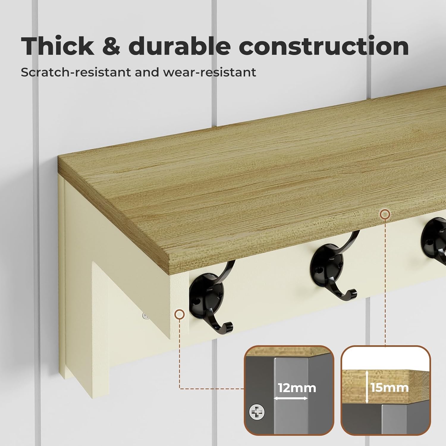 Levede Wall Mounted Coat Rack with Shelf, 7 Double Coat Hooks, 80cm Hallway Coat Hooks Wall Mounted, Coat Rack with Shelf for Entryway, Hallway, Bedroom, Cream Color & Oak