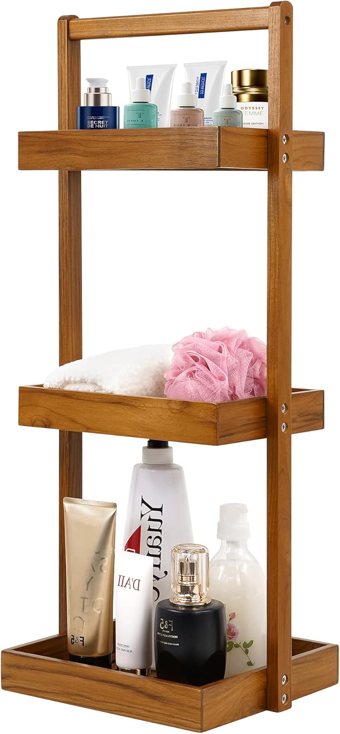 Utoplike Teak Shower Caddy Corner, 3 Tier Standing Organiser Shelf with Handle, Wooden Basket for Shampoo, towel in Bathroom, Livingroom, Office, Kitchen Desktop