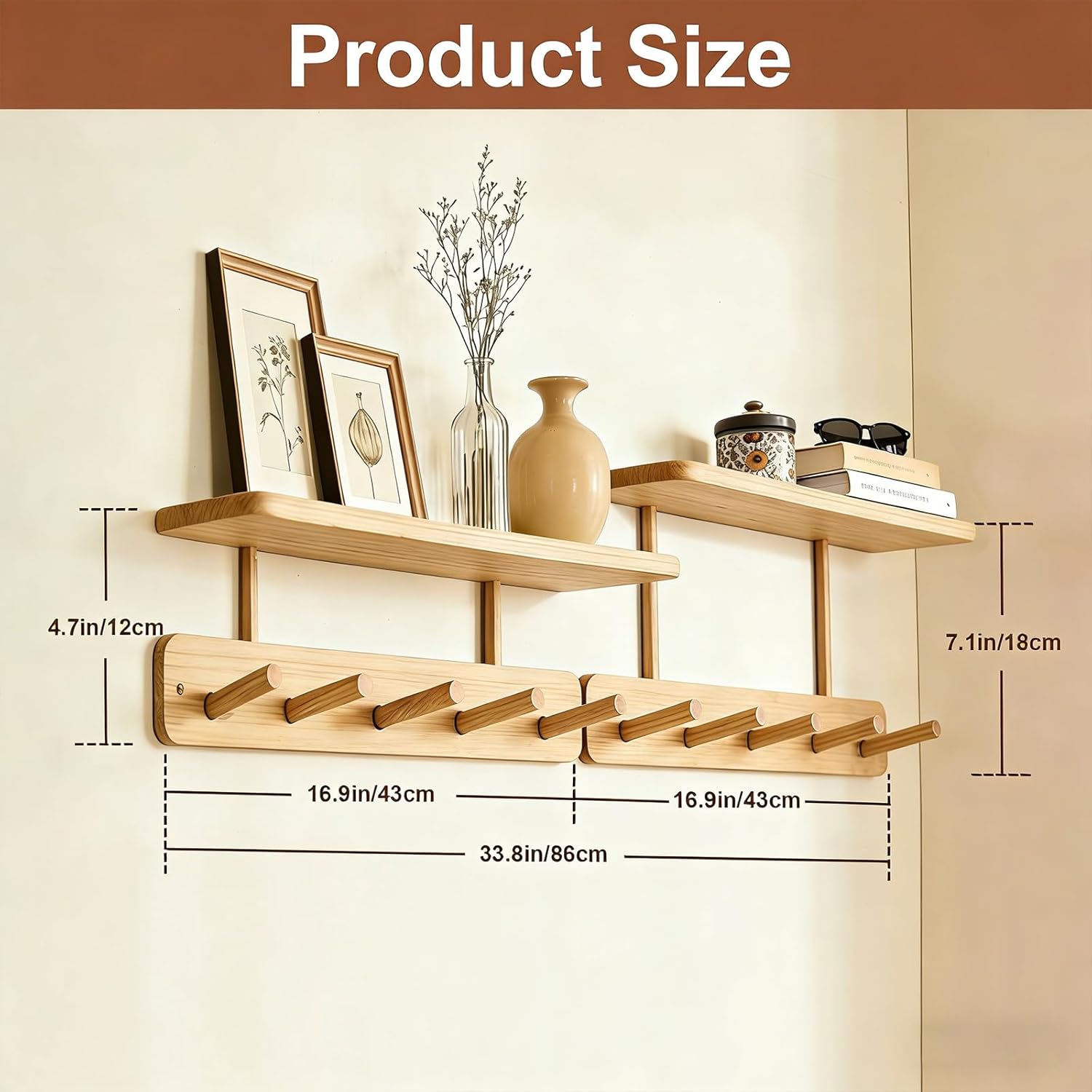 LEMIKKLE Wooden Coat Hooks Wall Mounted, Can be Installed Without Drilling or with Drilling, 5 Wooden Hooks Storage Rack Holds Clothes, Hats, Keys Towels, Bags, for Entryway, Bedroom, Living Room