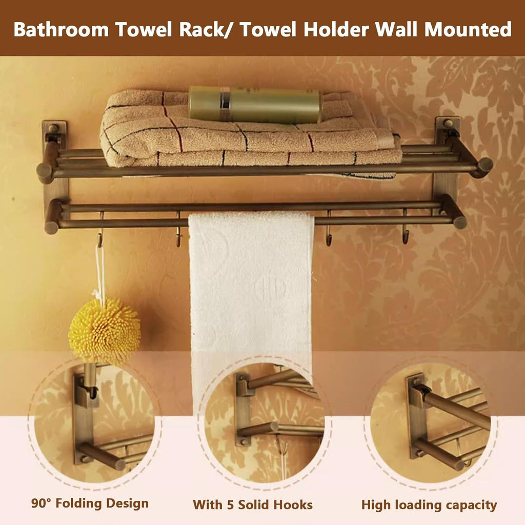 Brass Bathroom Towel Rack - Wall Mounted, Foldable Towel Shelf with Hooks and Bar, Brushed Bronze Finish