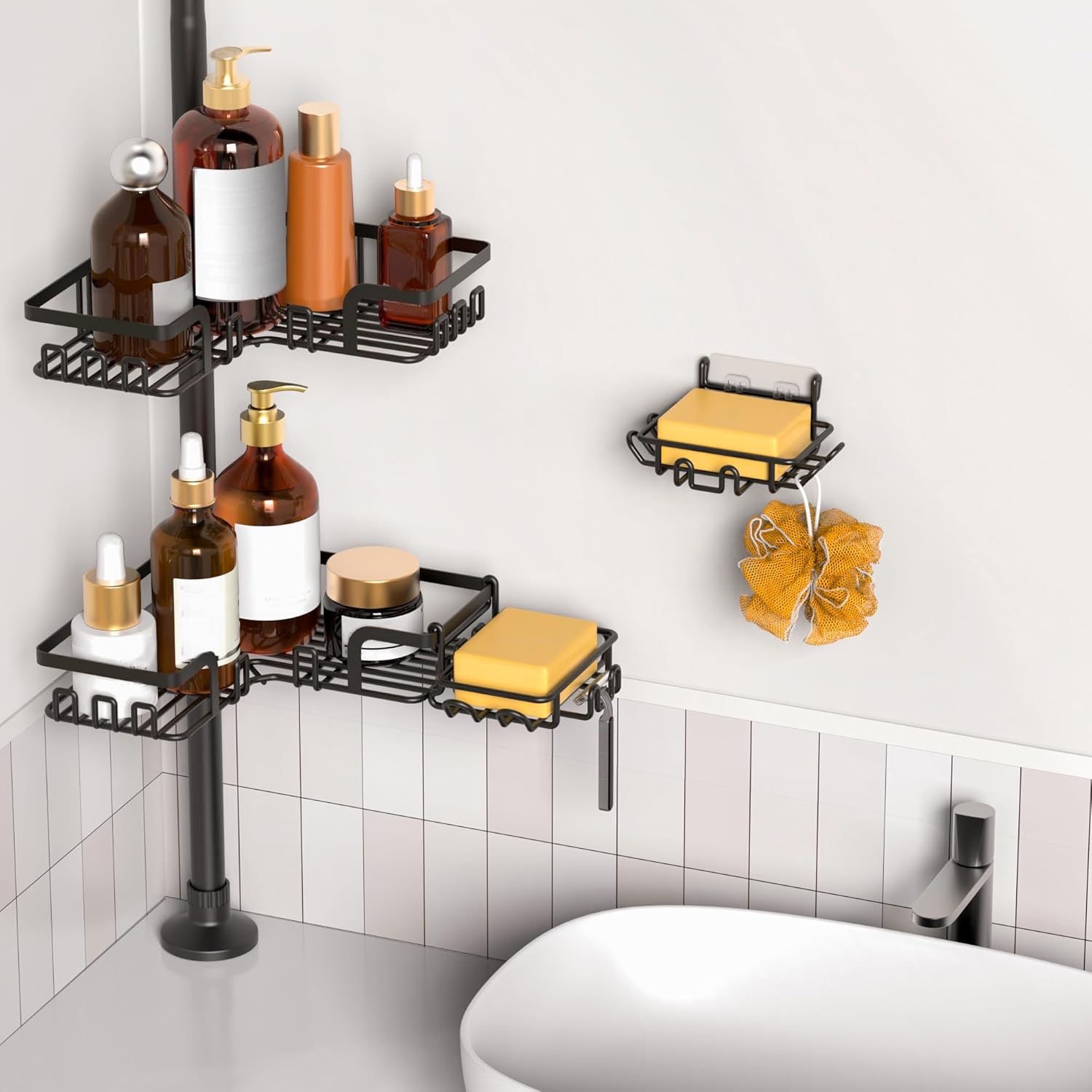 ZUNTO Tension Pole Shower Caddy for Bathroom, 25in-114in Adjustable Floor to Ceiling Shower Organizer with Hooks, Standing Tension Rod Shower Organiser with 2 Soap Holders/Hanging or Adhesive