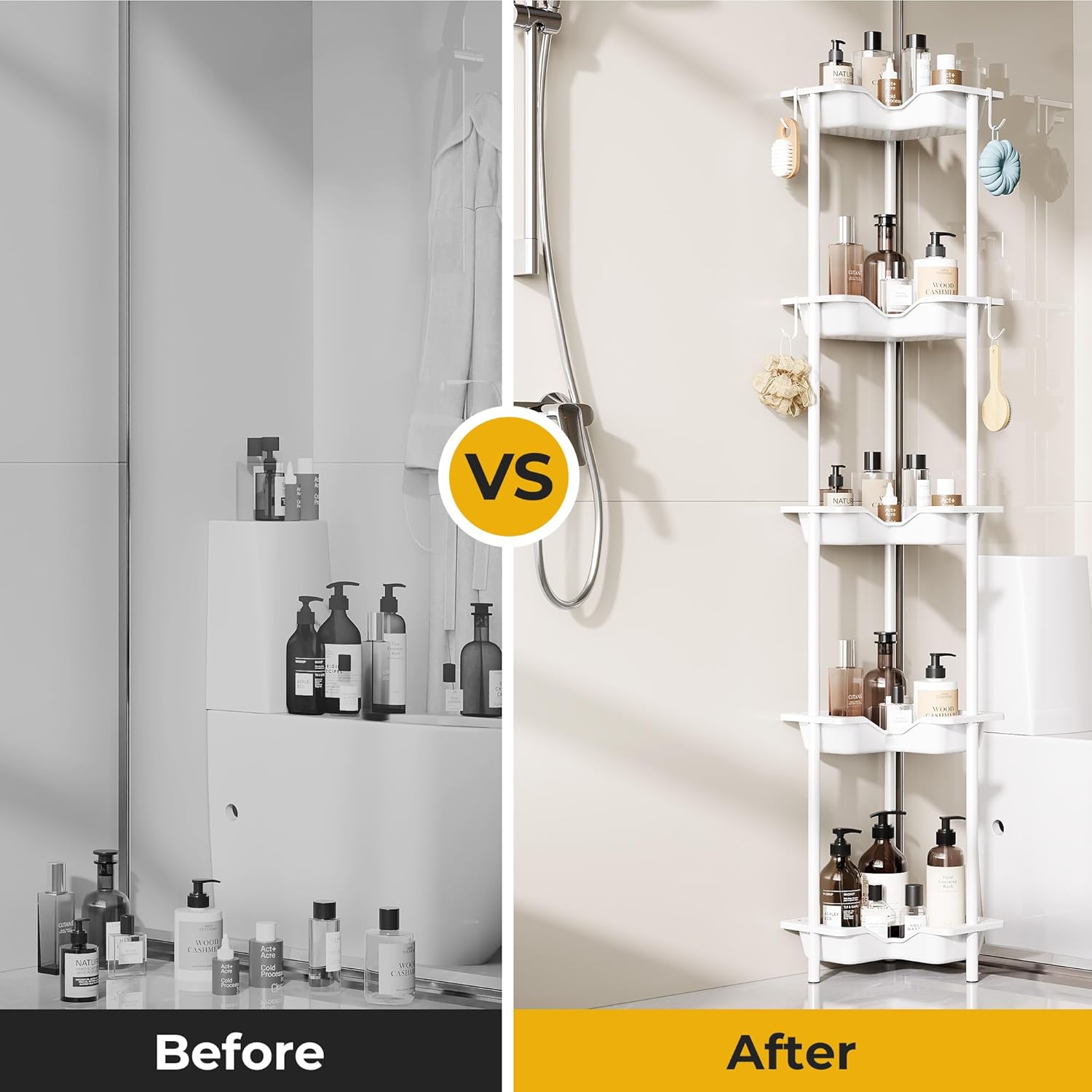 Rustproof Floor Standing Corner Shower Caddy Organizer, Plastic Metal Splicing Floor Corner Shelf Rack Stands for Bathroom (White, 5 Tier)