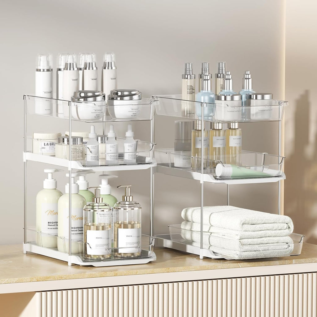 2 Pack 3-Tier Under Sink Organizer, Clear Pull Out Storage with Movable Dividers for Bathroom & Kitchen