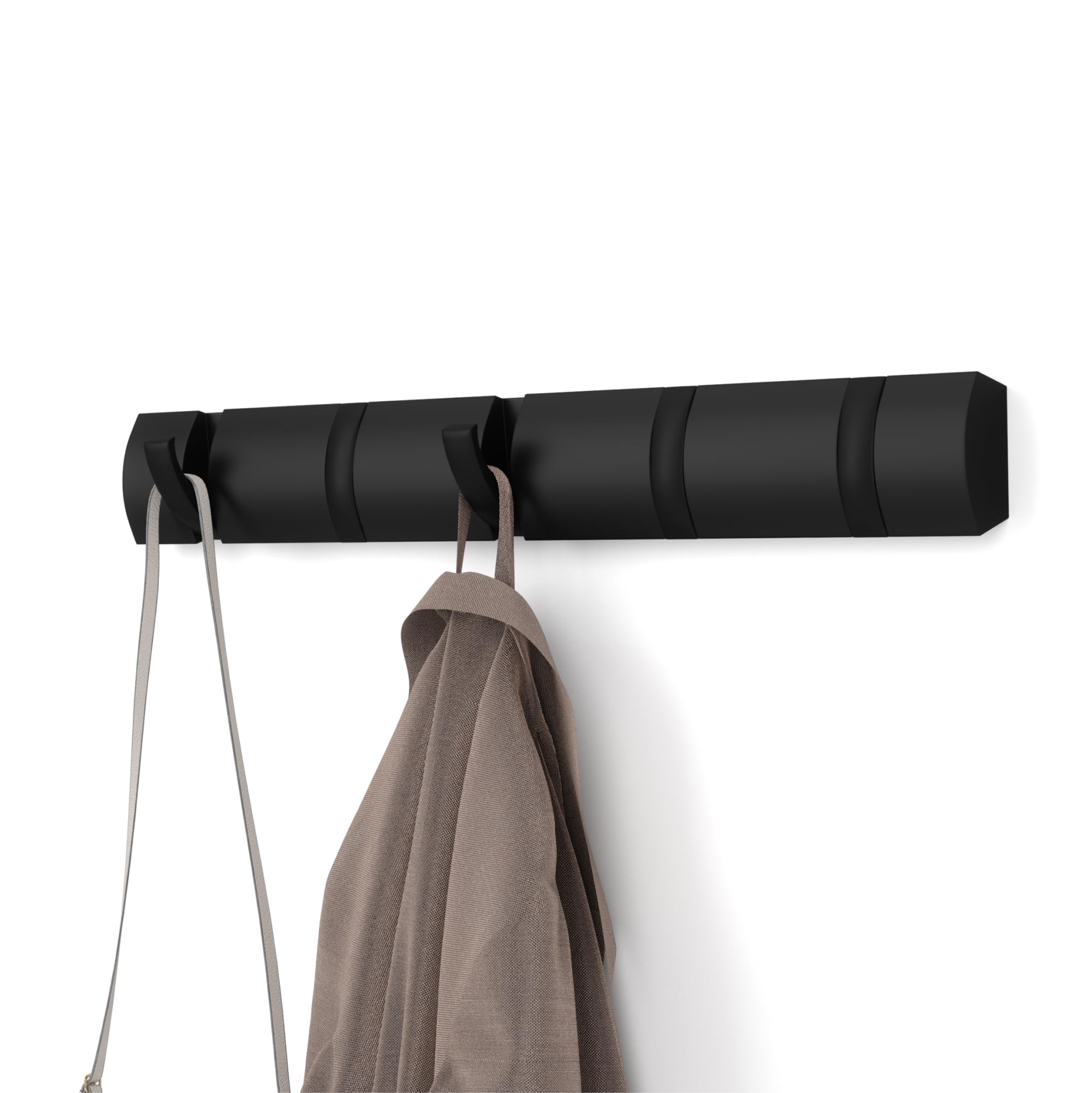 Umbra Flip Wall-Mounted Coat Rack with 5 Hooks – Modern, Space-Saving Storage for Hats, Jackets, Bags, Entryway, Mudroom, Closet, Bathroom, Bedroom – Light Walnut/Gold