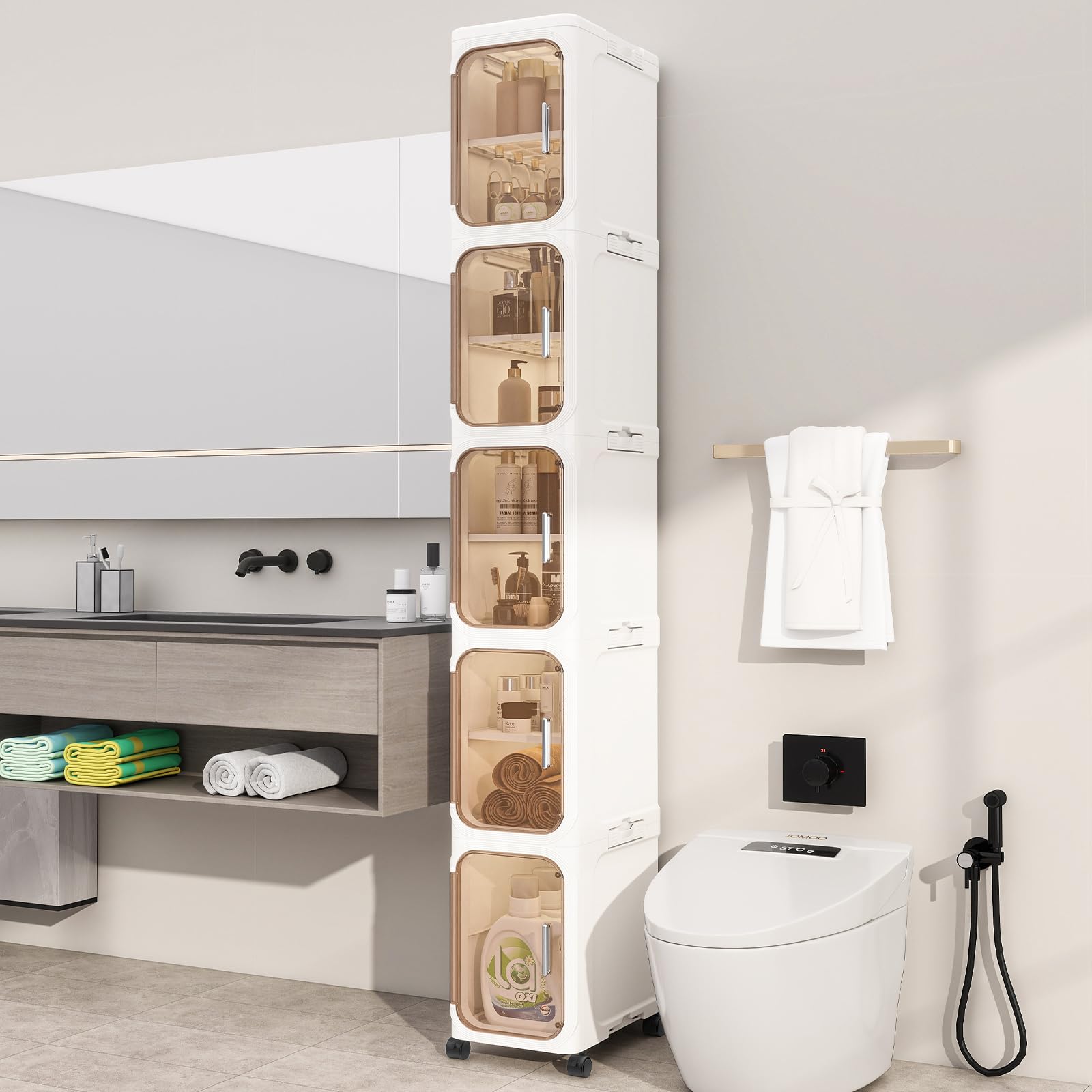 4-Tiers Slim Bathroom Storage Cabinet, Foldable Storage Cabinets,Narrow Bathroom Storage,Movable Bathroom Storage Organizer for Small Spaces,Bathroom,Kitchen,Laundry,White