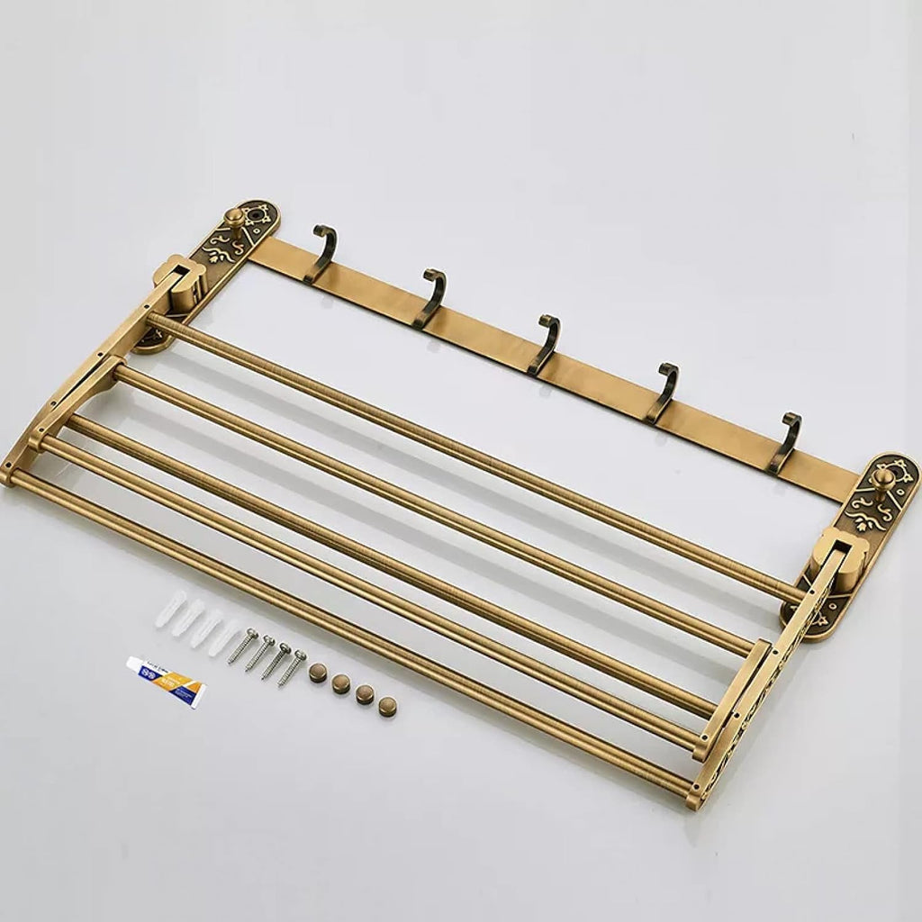 Antique Brass Foldable Double Towel Rack, Nail-Free Wall Mount Towel Shelf with Hooks