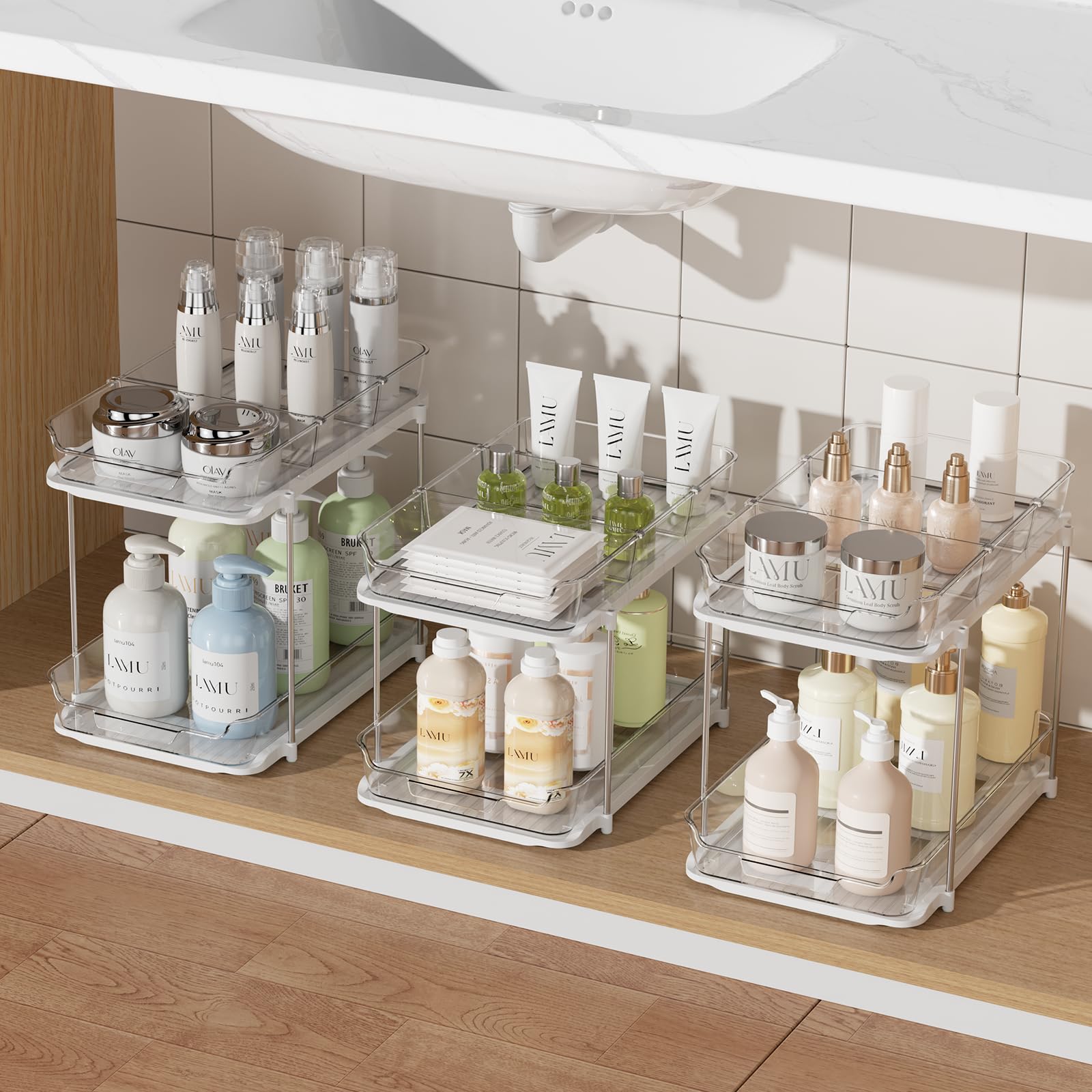 2 Pack 3-Tier Under Sink Organizer, Clear Pull Out Storage with Movable Dividers for Bathroom & Kitchen