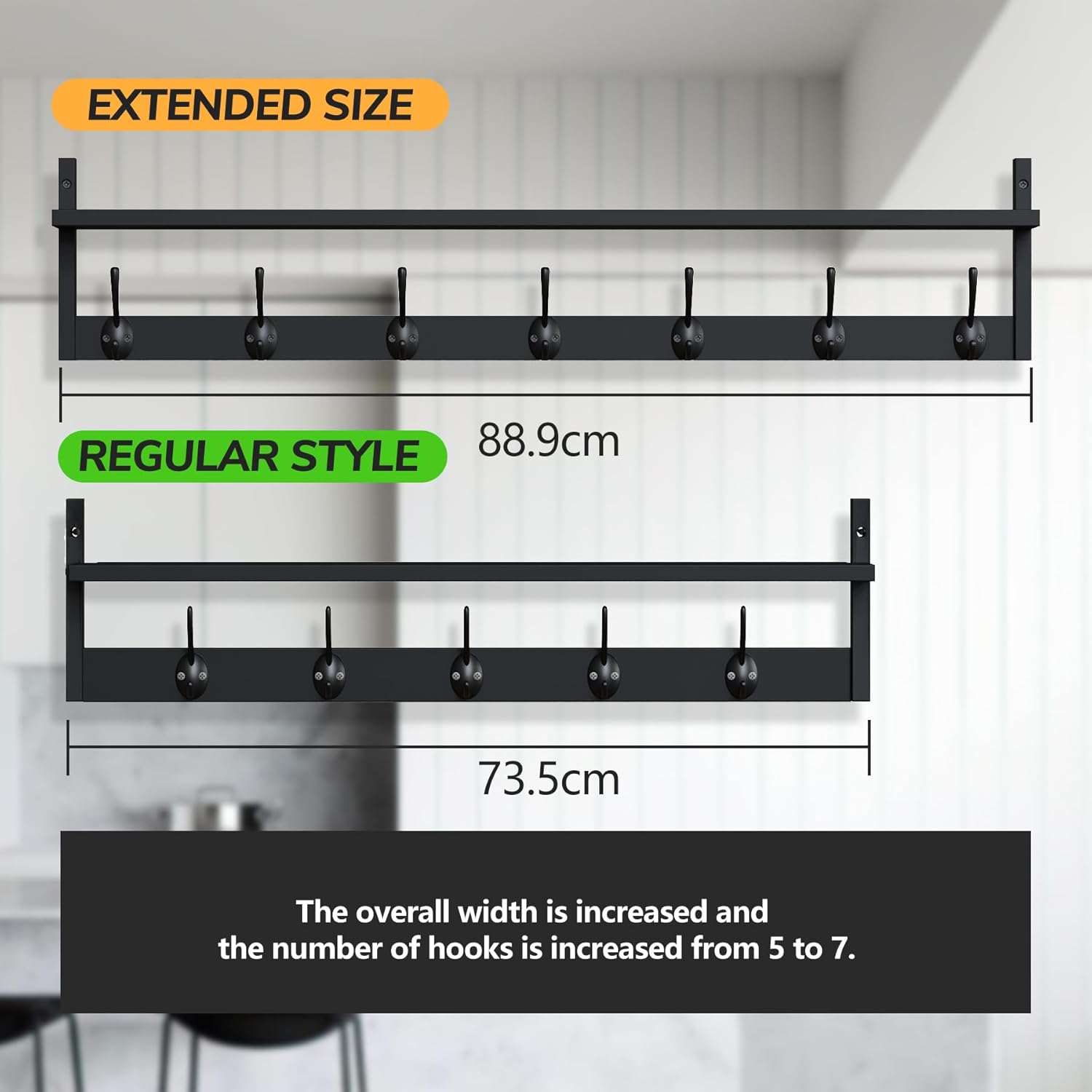 89cm Black Wall Coat Rack with Shelf & 7 Dual Hooks for Entryway Bathroom Bedroom