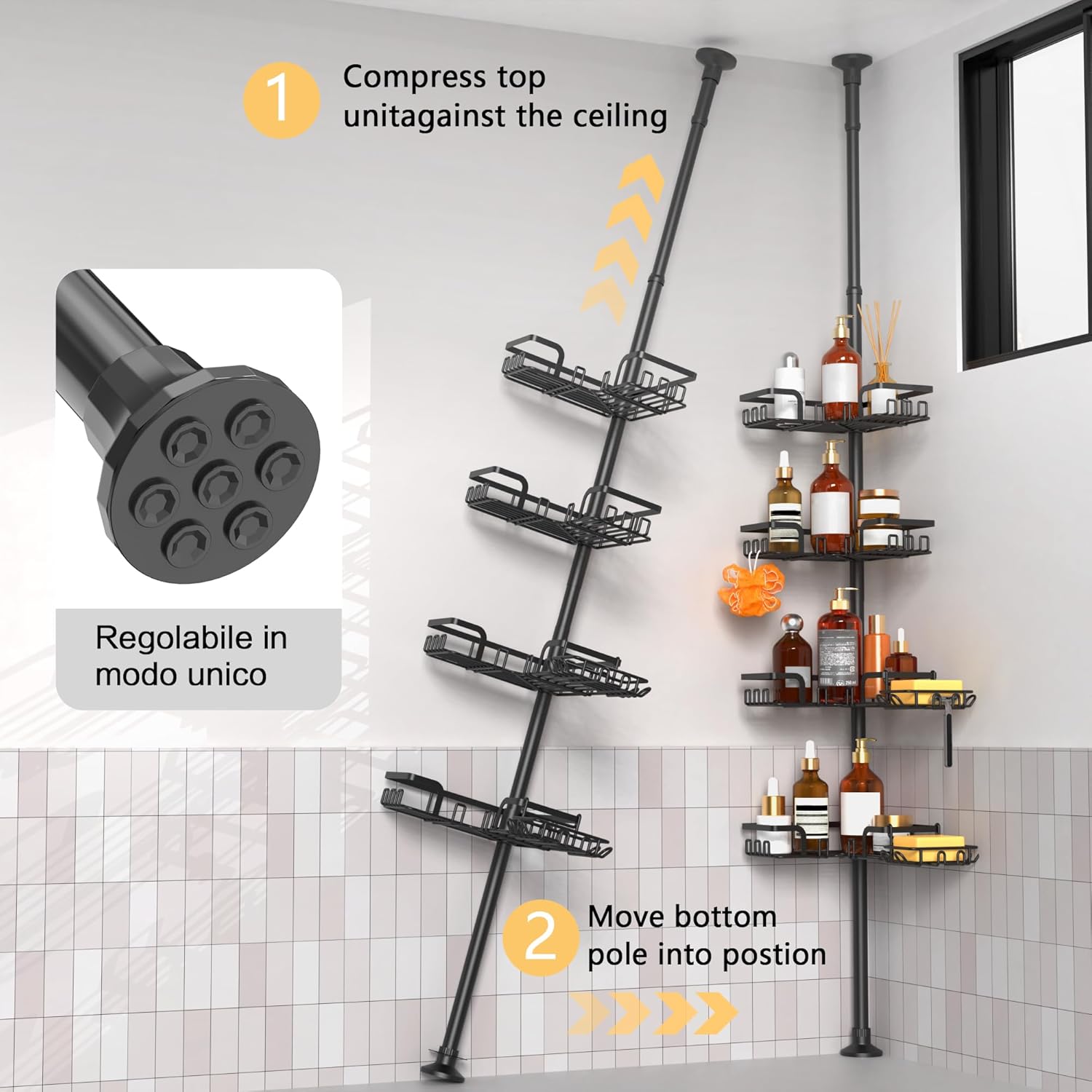 ZUNTO Tension Pole Shower Caddy for Bathroom, 25in-114in Adjustable Floor to Ceiling Shower Organizer with Hooks, Standing Tension Rod Shower Organiser with 2 Soap Holders/Hanging or Adhesive