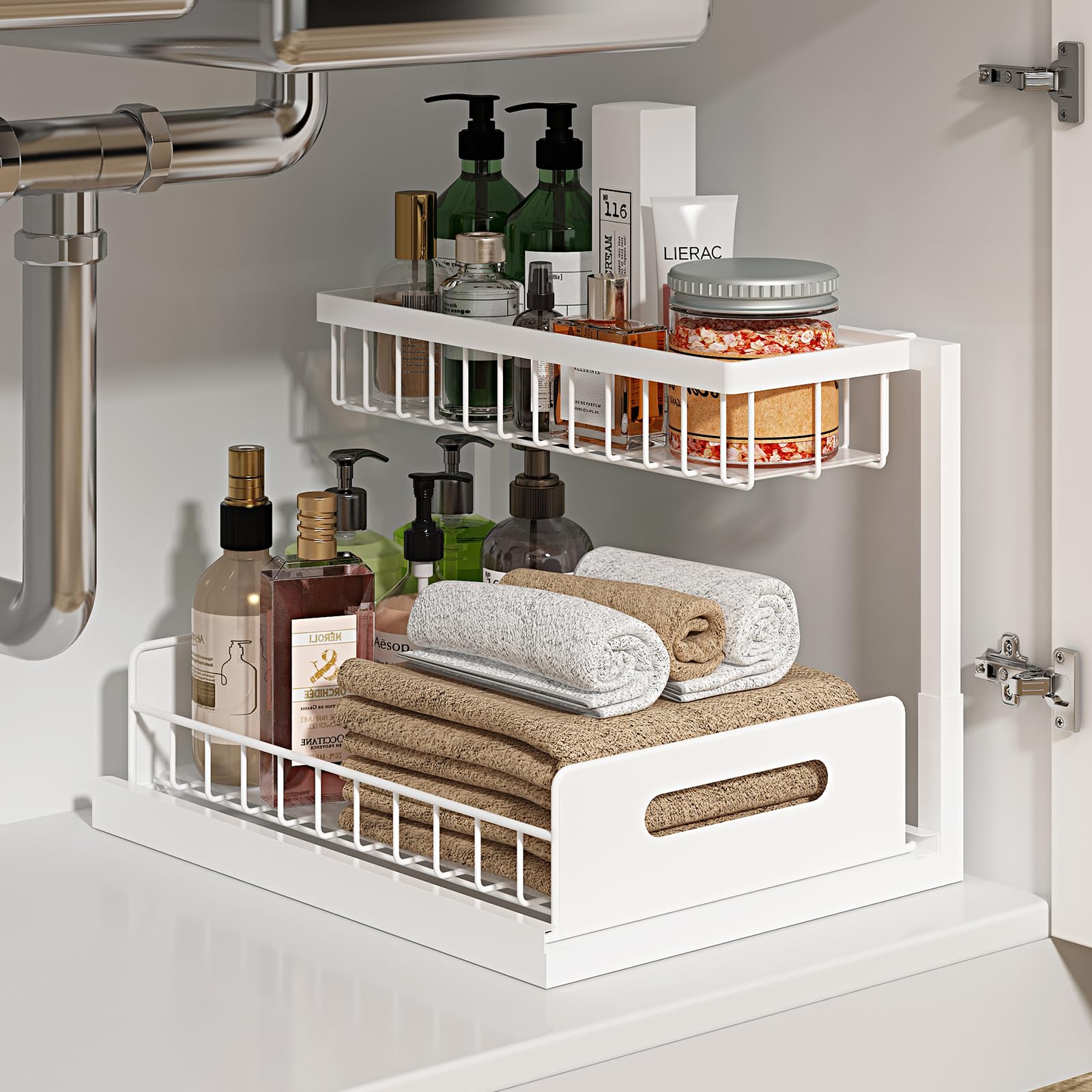 REALINN Under Sink Organizer, Pull Out Cabinet Organizer, 2 Tier Metal Slide Out Shelf with L Shaped Design for Kitchen, Bathroom, Laundry, and Utility Cabinet Storage for Deep Cabinets, White, 2 Pack