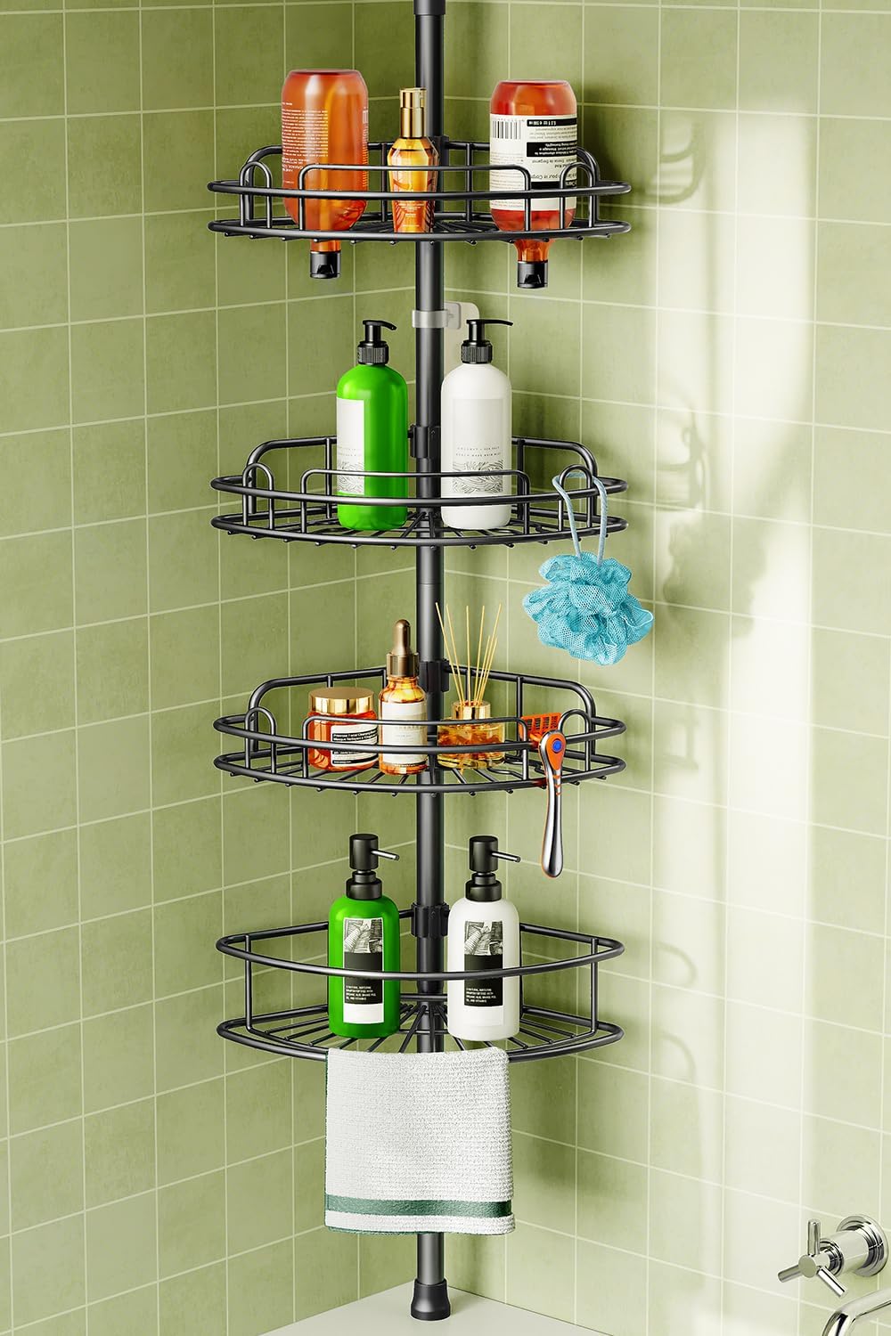 HAMITOR Telescopic Shower Caddy Corner Storage: No-Drill Stainless Steel Bathroom Shelves Organizer, 119-307 cm Large Capacity 4 Tier Adjustable Shelf Tension Pole for Home Renters Apartment - Black