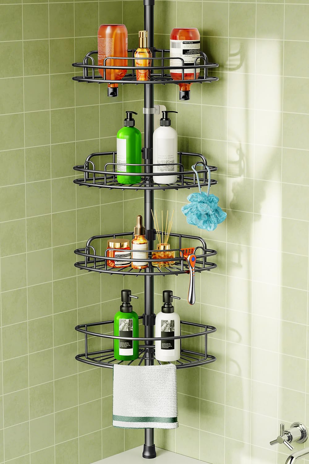 HAMITOR Telescopic Shower Caddy Corner Storage: No-Drill Stainless Steel Bathroom Shelves Organizer, 119-307 cm Large Capacity 4 Tier Adjustable Shelf Tension Pole for Home Renters Apartment - Black