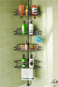 HAMITOR Telescopic Shower Caddy Corner Storage: No-Drill Stainless Steel Bathroom Shelves Organizer, 119-307 cm Large Capacity 4 Tier Adjustable Shelf Tension Pole for Home Renters Apartment - Black