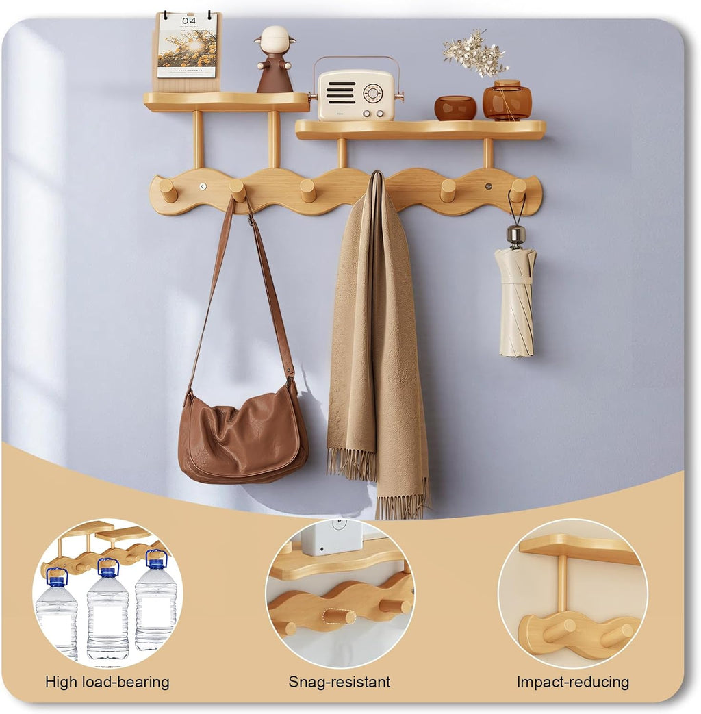 Bamboo Coat Rack with Shelf – 52 cm Wall-Mounted Double Layer Hooks, 6 Sturdy Wooden Hooks for Entryway, Hallway, Bathroom & Bedroom – Space-Saving Hanger for Coats, Hats, Bags & Towels (Primary)