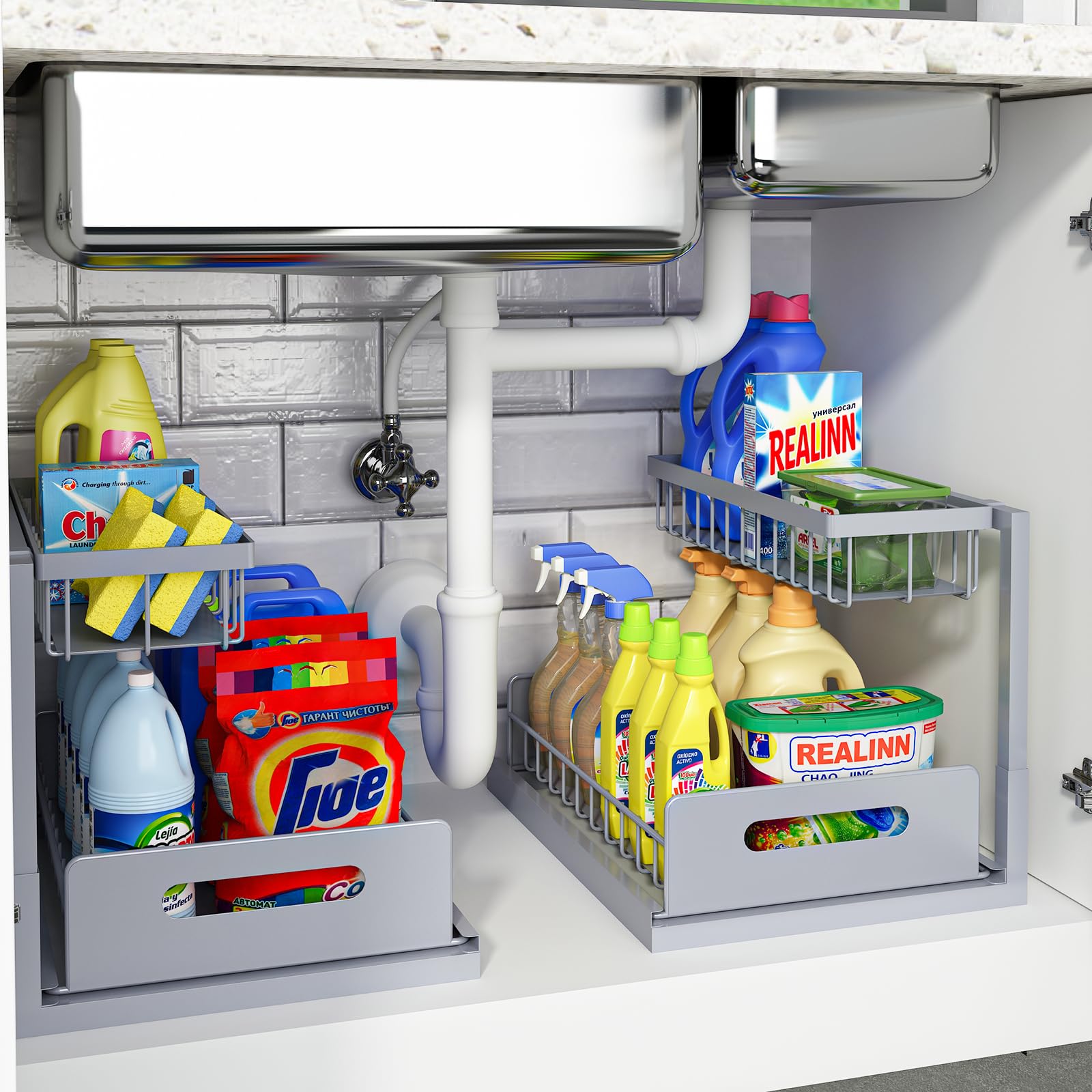 REALINN Under Sink Organizer, Pull Out Cabinet Organizer, 2 Tier Metal Slide Out Shelf with L Shaped Design for Kitchen, Bathroom, Laundry, and Utility Cabinet Storage for Deep Cabinets, White, 2 Pack