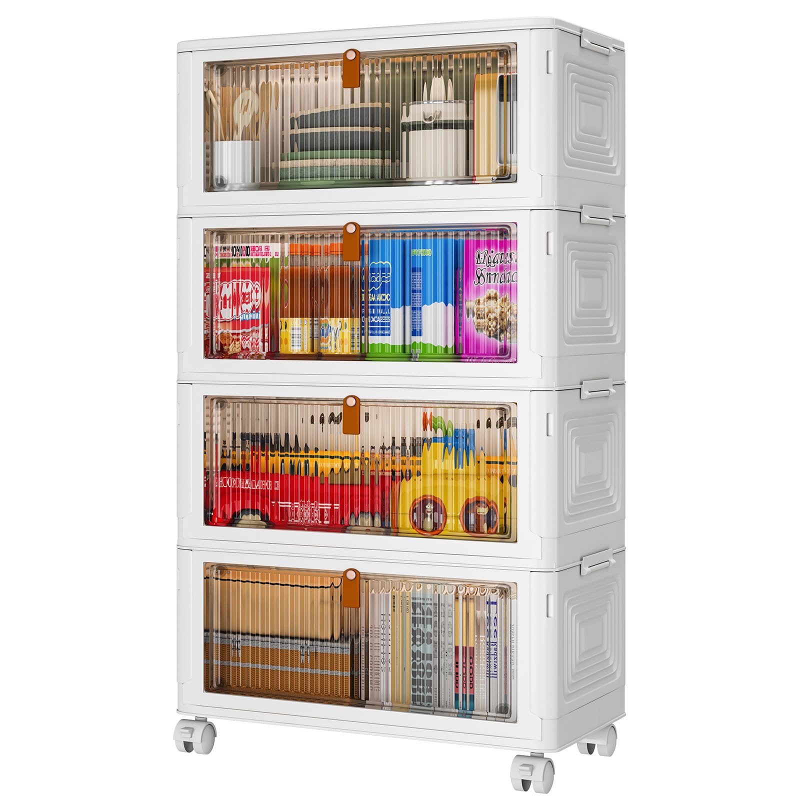 YFXCVSL 4 Tier Plastic Storage Bins with Lid 23QT, Stackable Storage Containers with Wheels, Folding Storage Boxes, Stackable Storage Bins, Organizers and Storage for Living Room,Office,Dorm