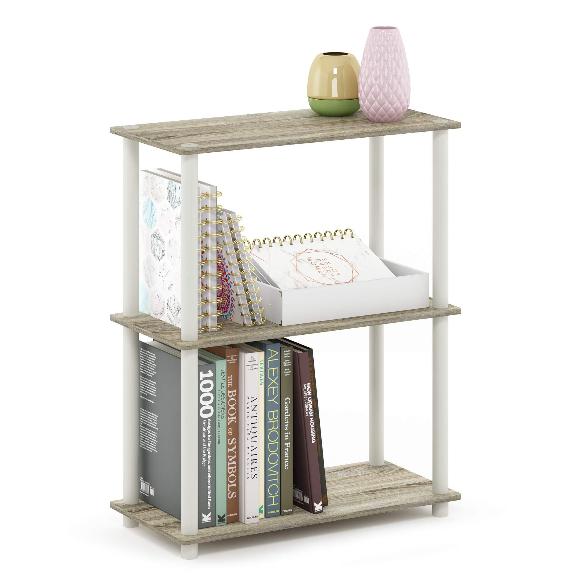 Furinno TURN-N-TUBE Storage Shelves, 3-Tier Book Shelf, Corner Shelf, Toolless Open Shelves, for Organization and Storage, Living Room, Garage, Home Office, Beech