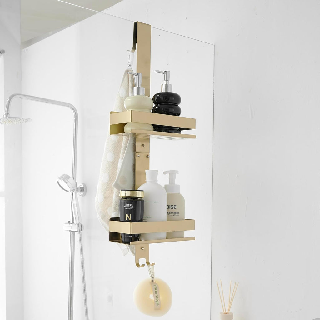 Gold Over Door Shower Caddy, 2-Tier Hanging Organizer with Hooks for Bathroom