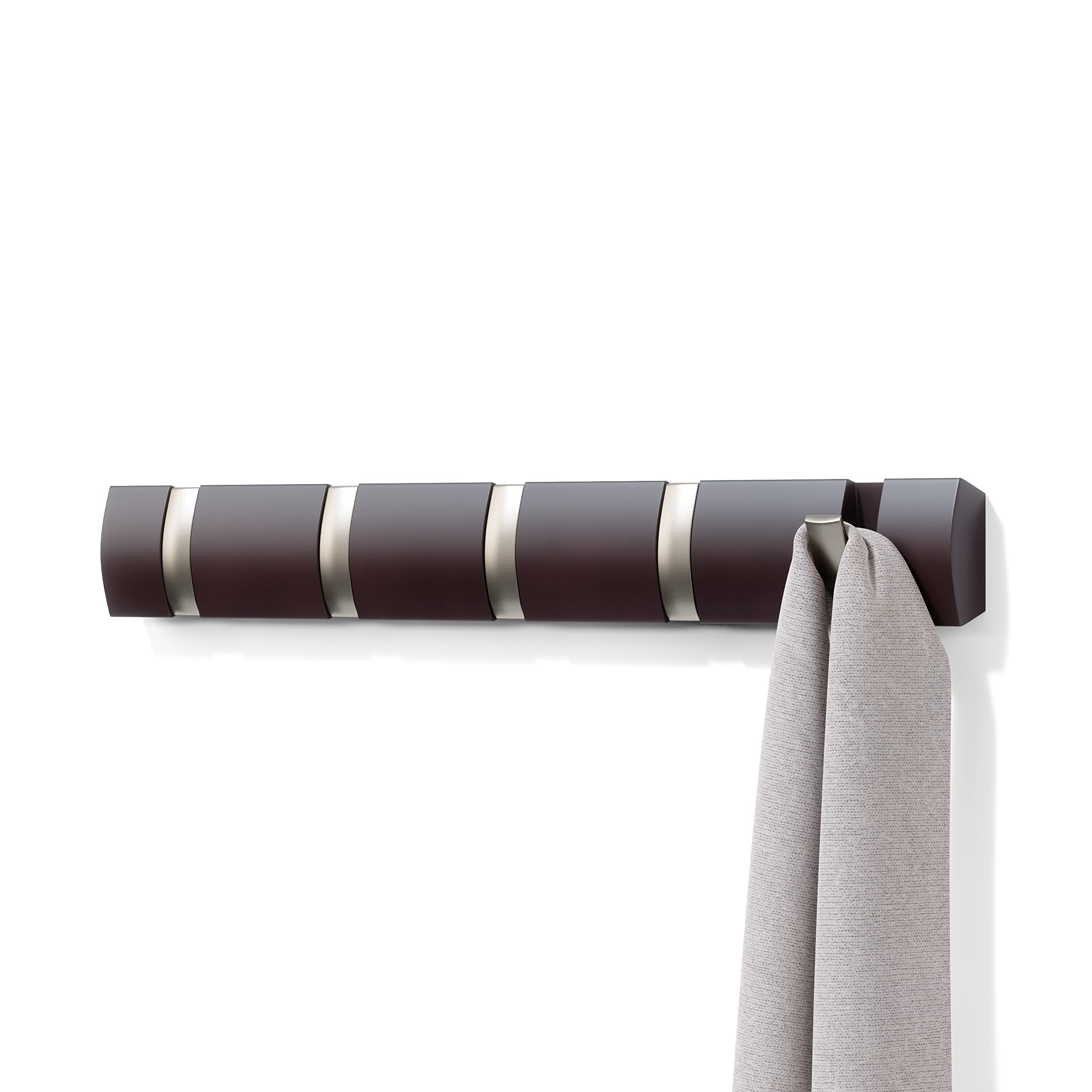 Umbra Flip Wall-Mounted Coat Rack with 5 Hooks – Modern, Space-Saving Storage for Hats, Jackets, Bags, Entryway, Mudroom, Closet, Bathroom, Bedroom – Light Walnut/Gold