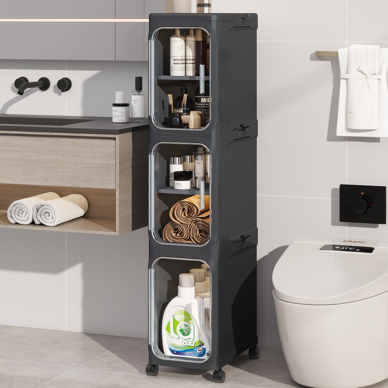 4-Tiers Slim Bathroom Storage Cabinet, Foldable Storage Cabinets,Narrow Bathroom Storage,Movable Bathroom Storage Organizer for Small Spaces,Bathroom,Kitchen,Laundry,White