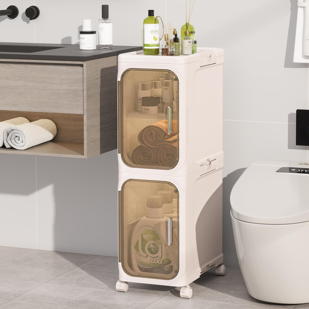 4-Tiers Slim Bathroom Storage Cabinet, Foldable Storage Cabinets,Narrow Bathroom Storage,Movable Bathroom Storage Organizer for Small Spaces,Bathroom,Kitchen,Laundry,White