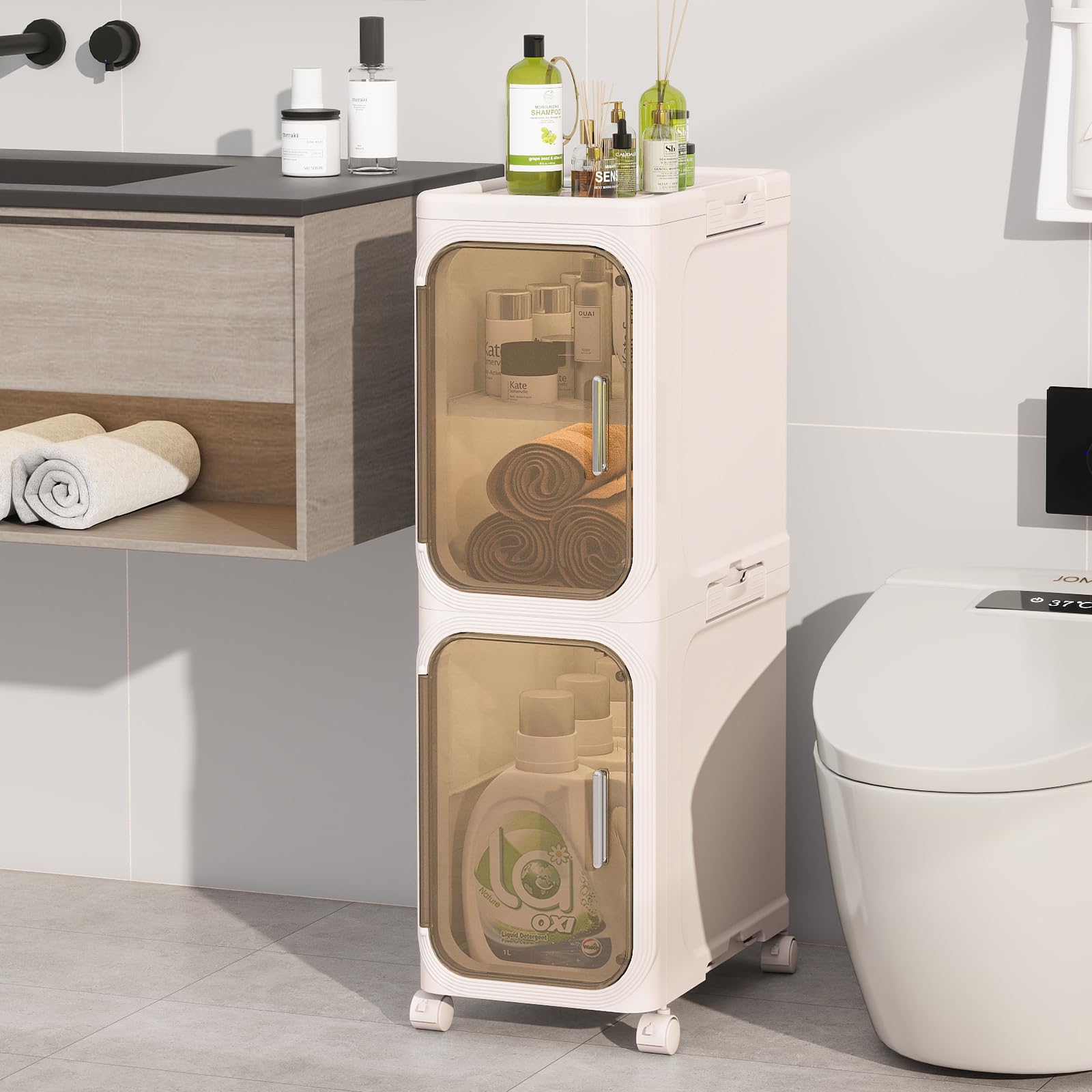 4-Tiers Slim Bathroom Storage Cabinet, Foldable Storage Cabinets,Narrow Bathroom Storage,Movable Bathroom Storage Organizer for Small Spaces,Bathroom,Kitchen,Laundry,White